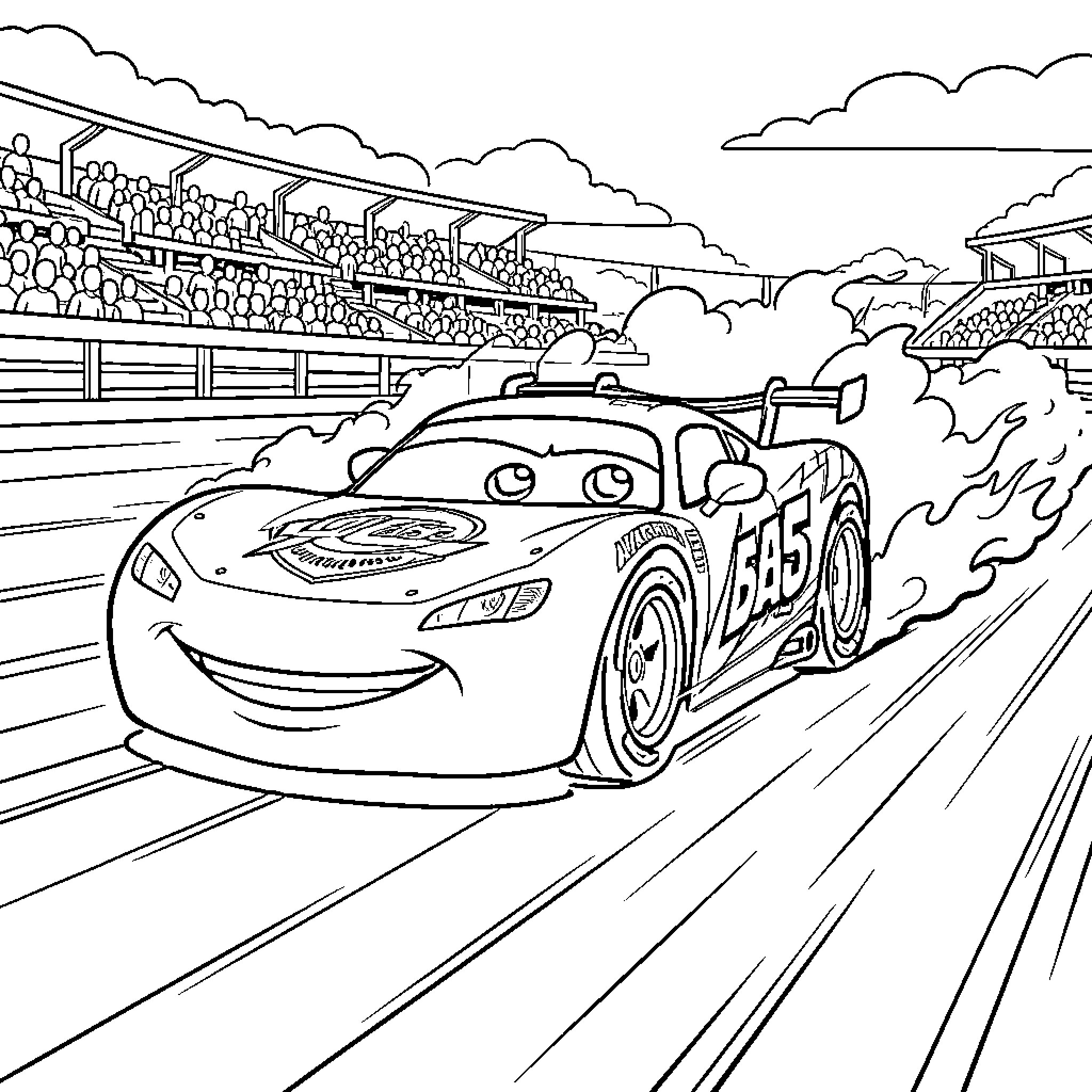 Flash McQueen racing fast on a track with spectators Coloring Page (free black-and-white line drawing printable PDF for all, from beginners to advanced learners, including children, teens, adults, and seniors)