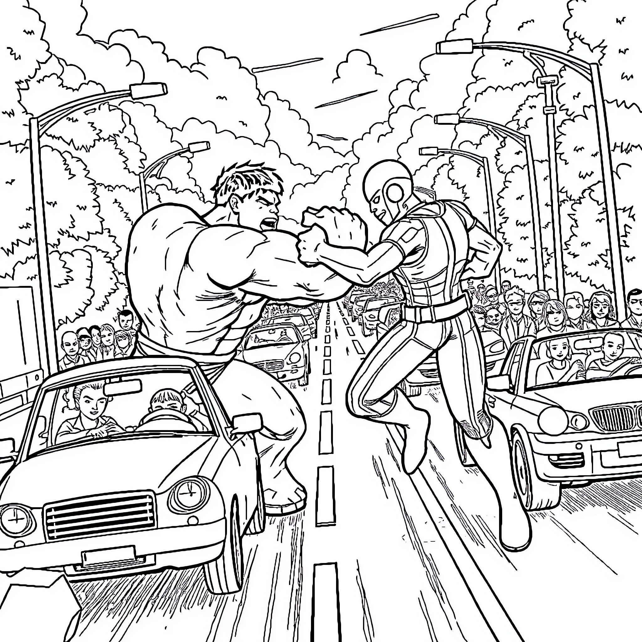 Hulk battles heroic figure in chaotic urban scene Coloring Page (free black-and-white line drawing printable PDF for all, from beginners to advanced learners, including children, teens, adults, and seniors)