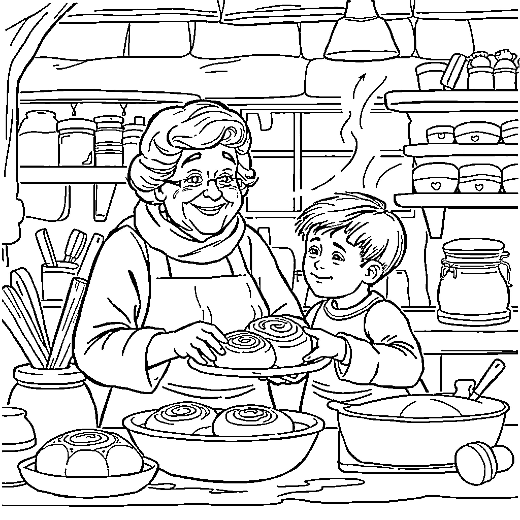 Grandma Baking Delicious Treats with Grandson Coloring Page (free black-and-white line drawing printable PDF for all, from beginners to advanced learners, including children, teens, adults, and seniors)