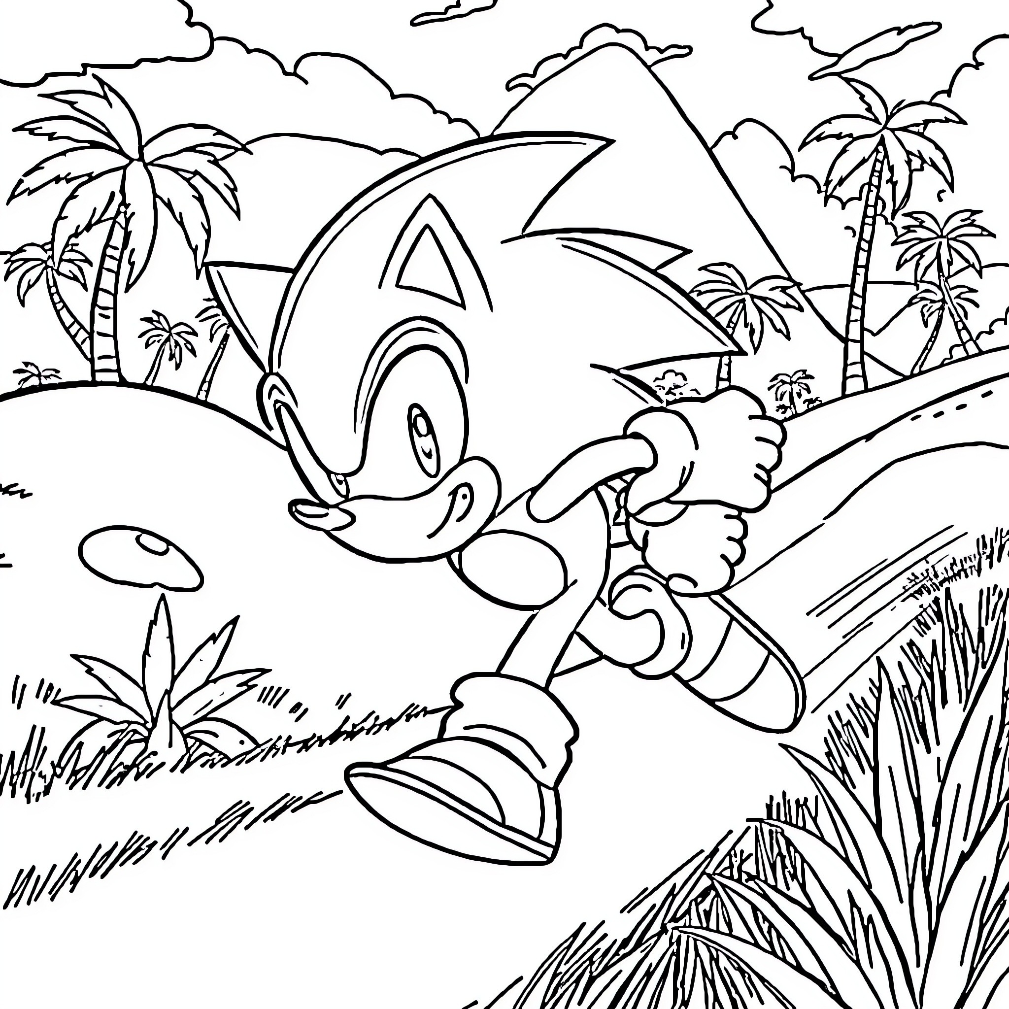 Sonic's tropical adventure Coloring Page (free black-and-white line drawing printable PDF for all, from beginners to advanced learners, including children, teens, adults, and seniors)