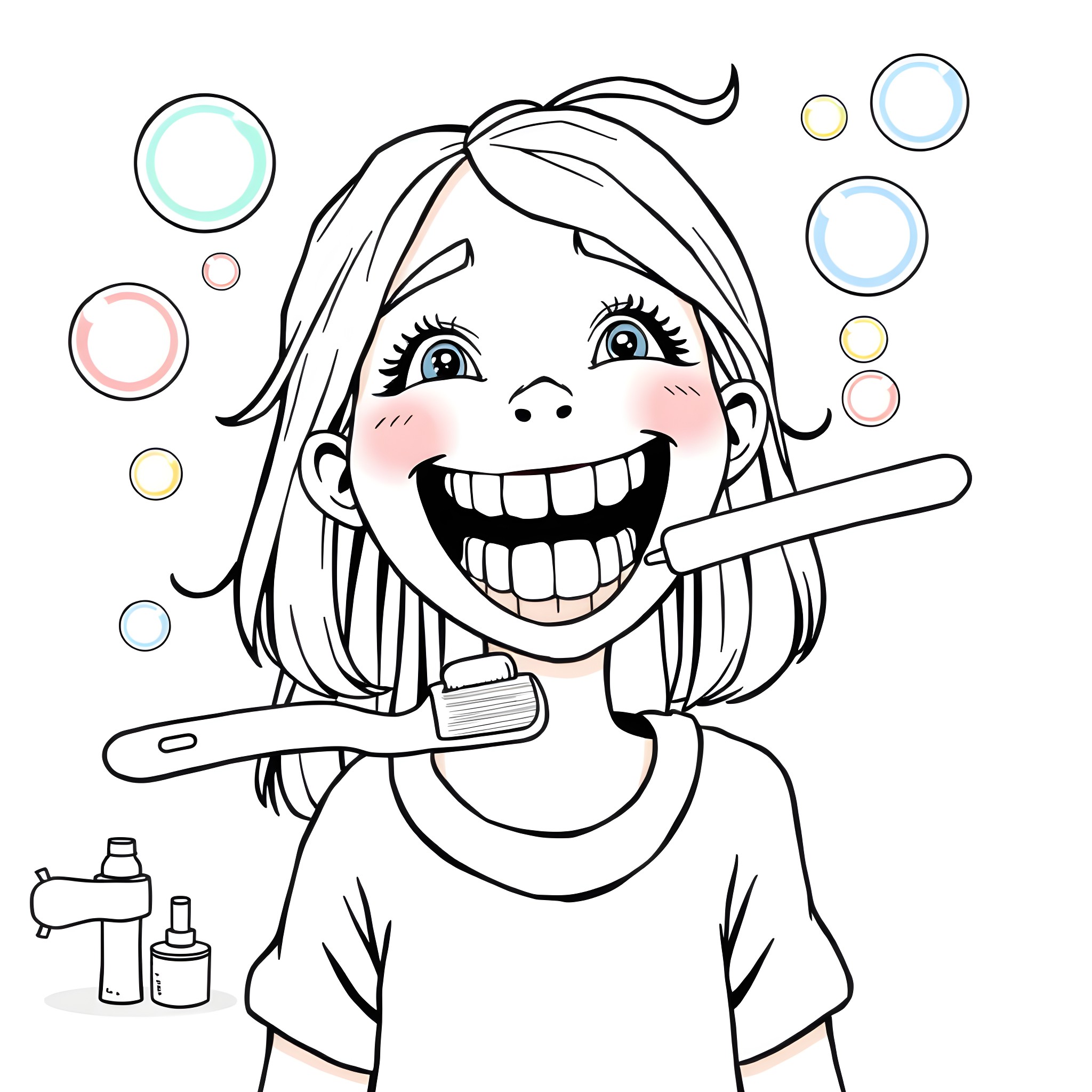 Teenage Girl Happily Playing with Bubbles Coloring Page (free black-and-white line drawing printable PDF for all, from beginners to advanced learners, including children, teens, adults, and seniors)