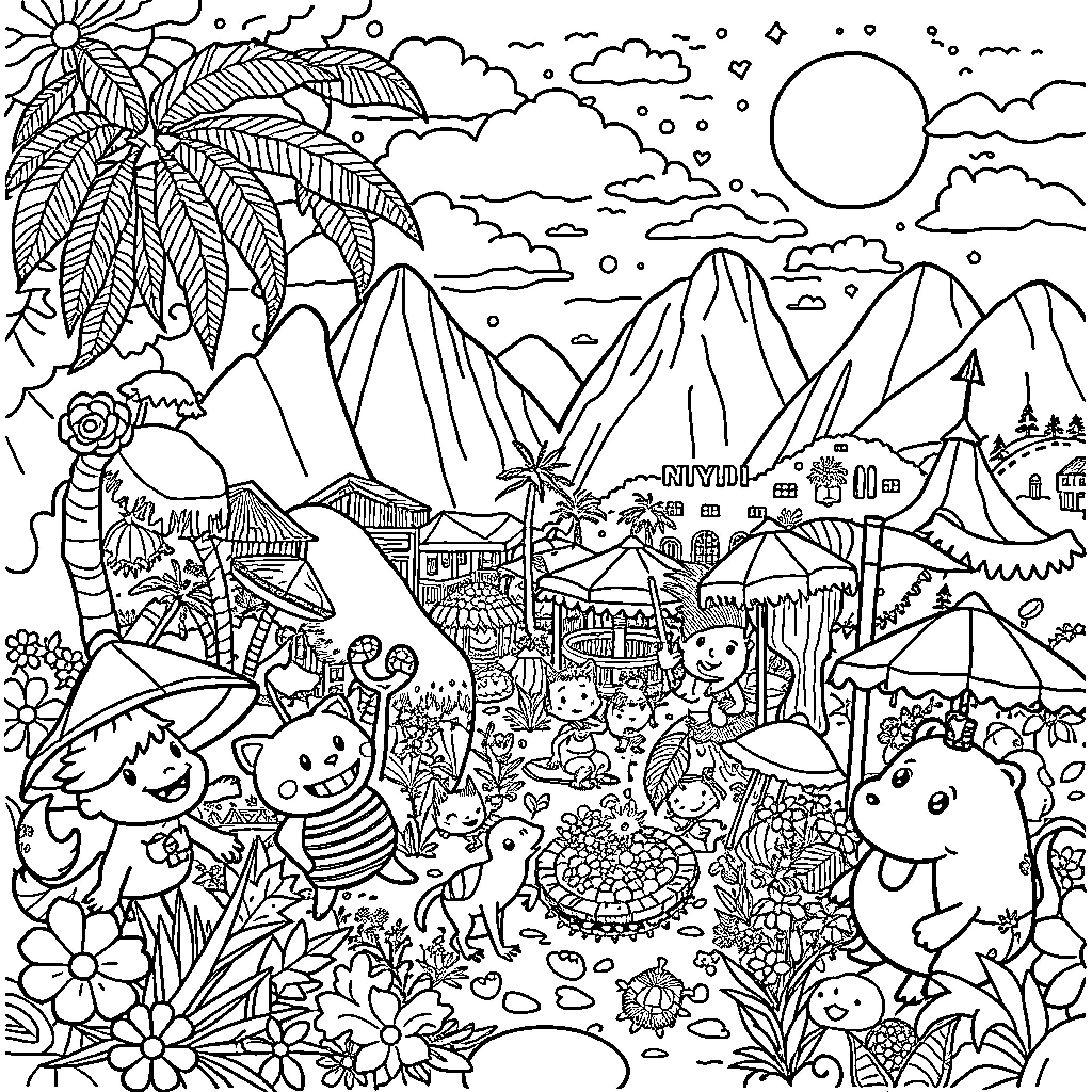 Coco Wyo's Whimsical Adventure in the Tropical Landscape Coloring Page (free black-and-white line drawing printable PDF for all, from beginners to advanced learners, including children, teens, adults, and seniors)