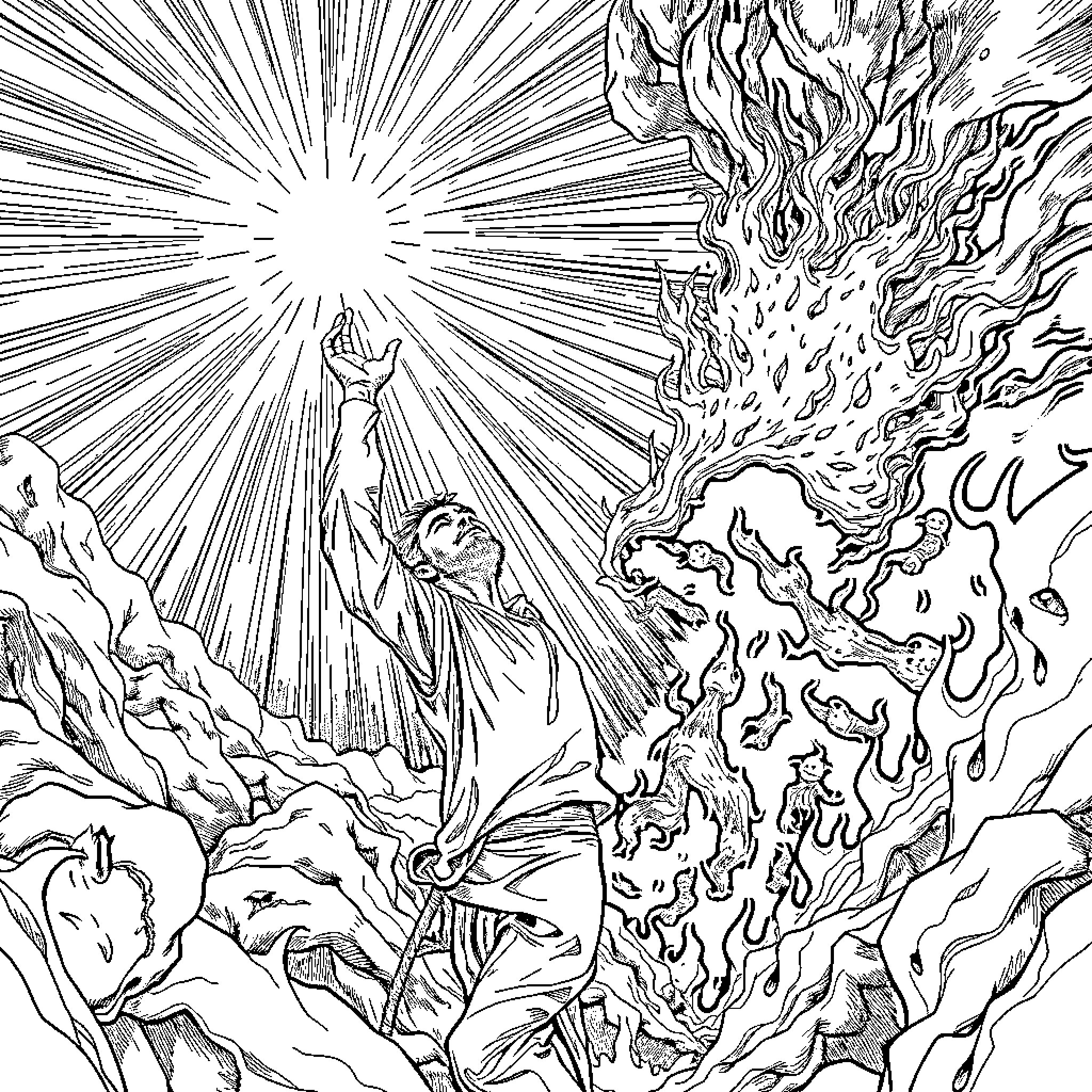 Man facing blazing cosmic forces in divine rapture Coloring Page (free black-and-white line drawing printable PDF for all, from beginners to advanced learners, including children, teens, adults, and seniors)