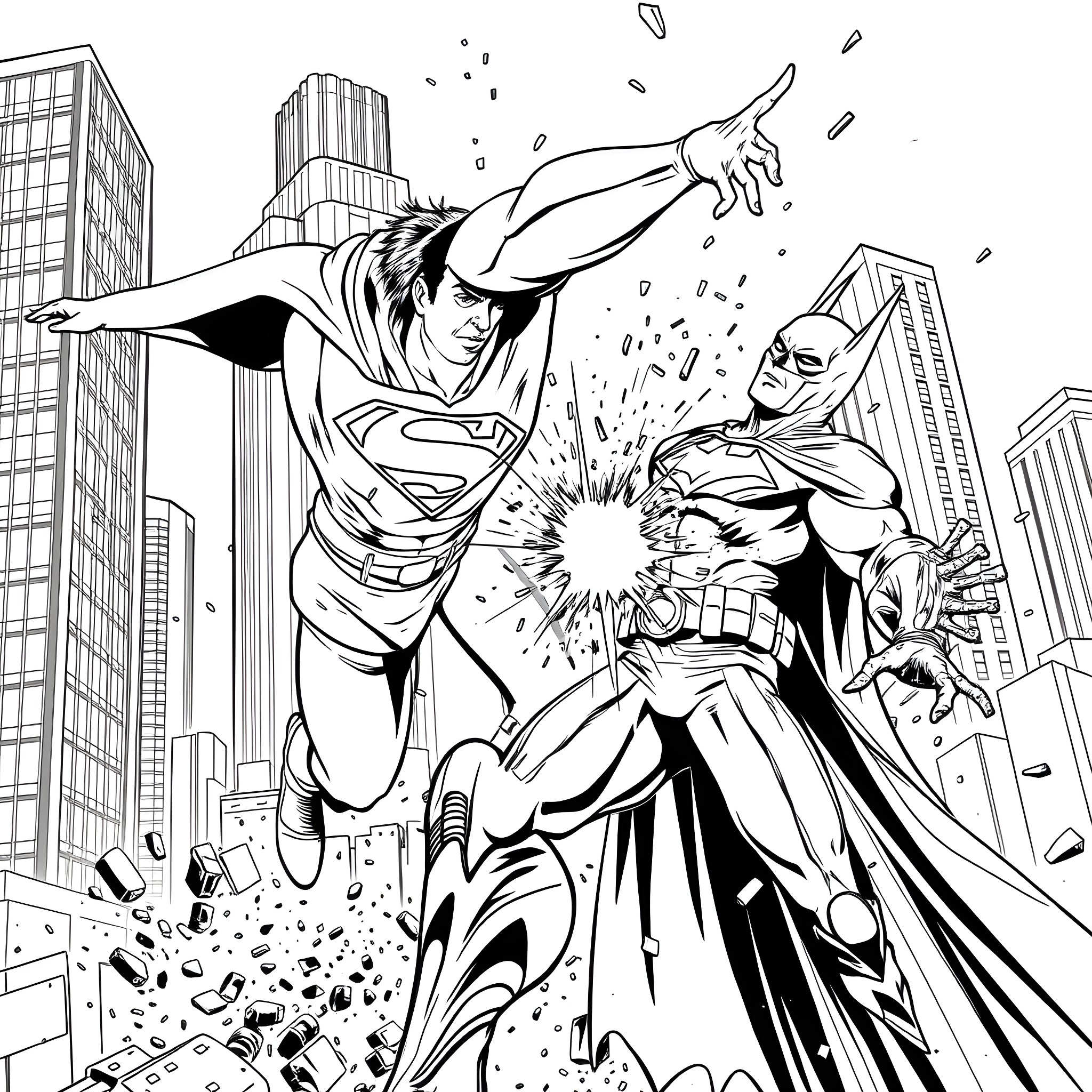 Superman fighting villain in action-packed city scene Coloring Page (free black-and-white line drawing printable PDF for all, from beginners to advanced learners, including children, teens, adults, and seniors)