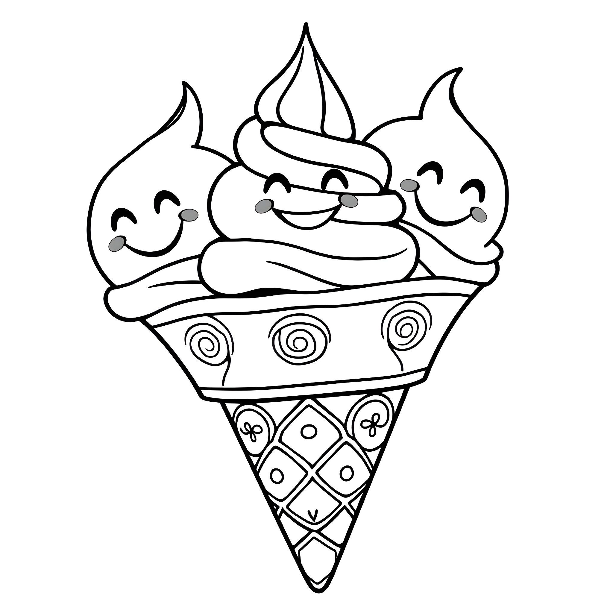 Ice Cream Scoops Smiling Happily in Cone Coloring Page (free black-and-white line drawing printable PDF for all, from beginners to advanced learners, including children, teens, adults, and seniors)
