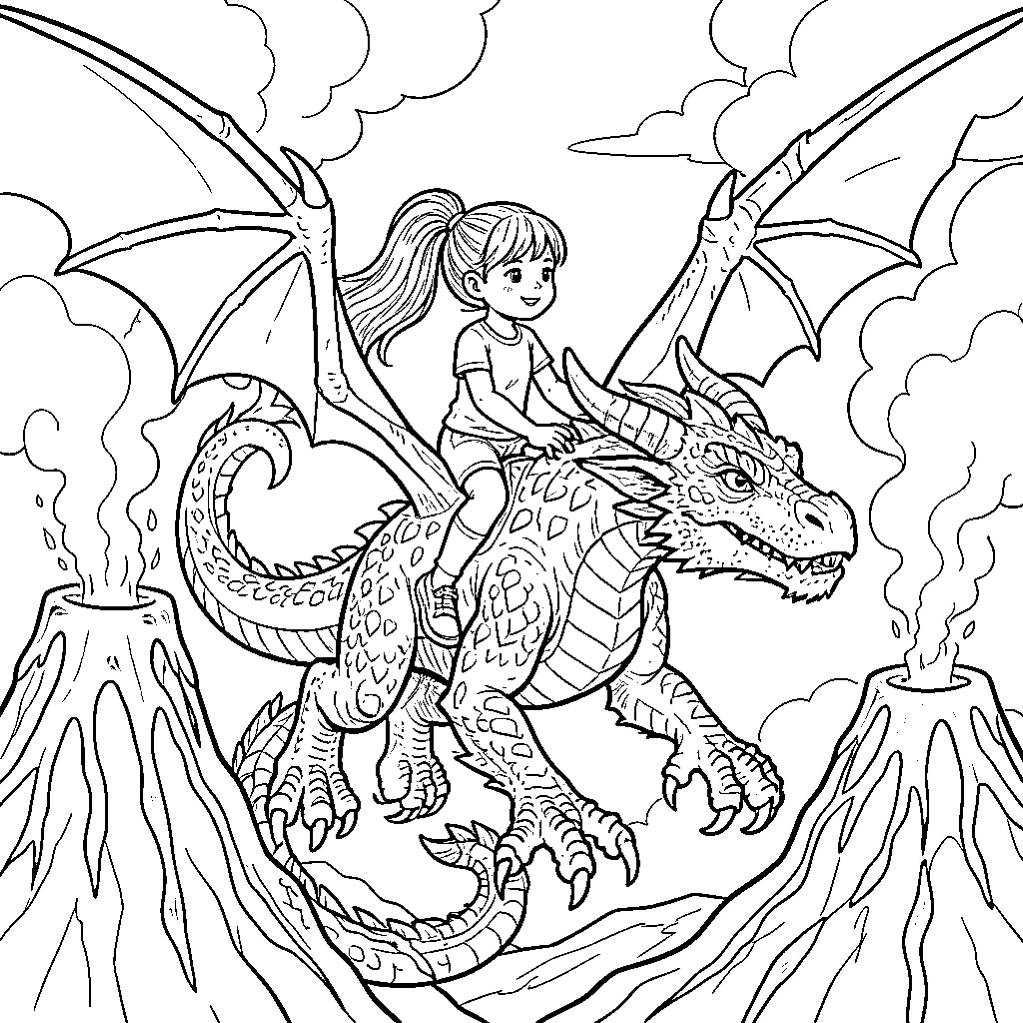Girl riding a fantastical dragon in a volcanic landscape Coloring Page (free black-and-white line drawing printable PDF for all, from beginners to advanced learners, including children, teens, adults, and seniors)