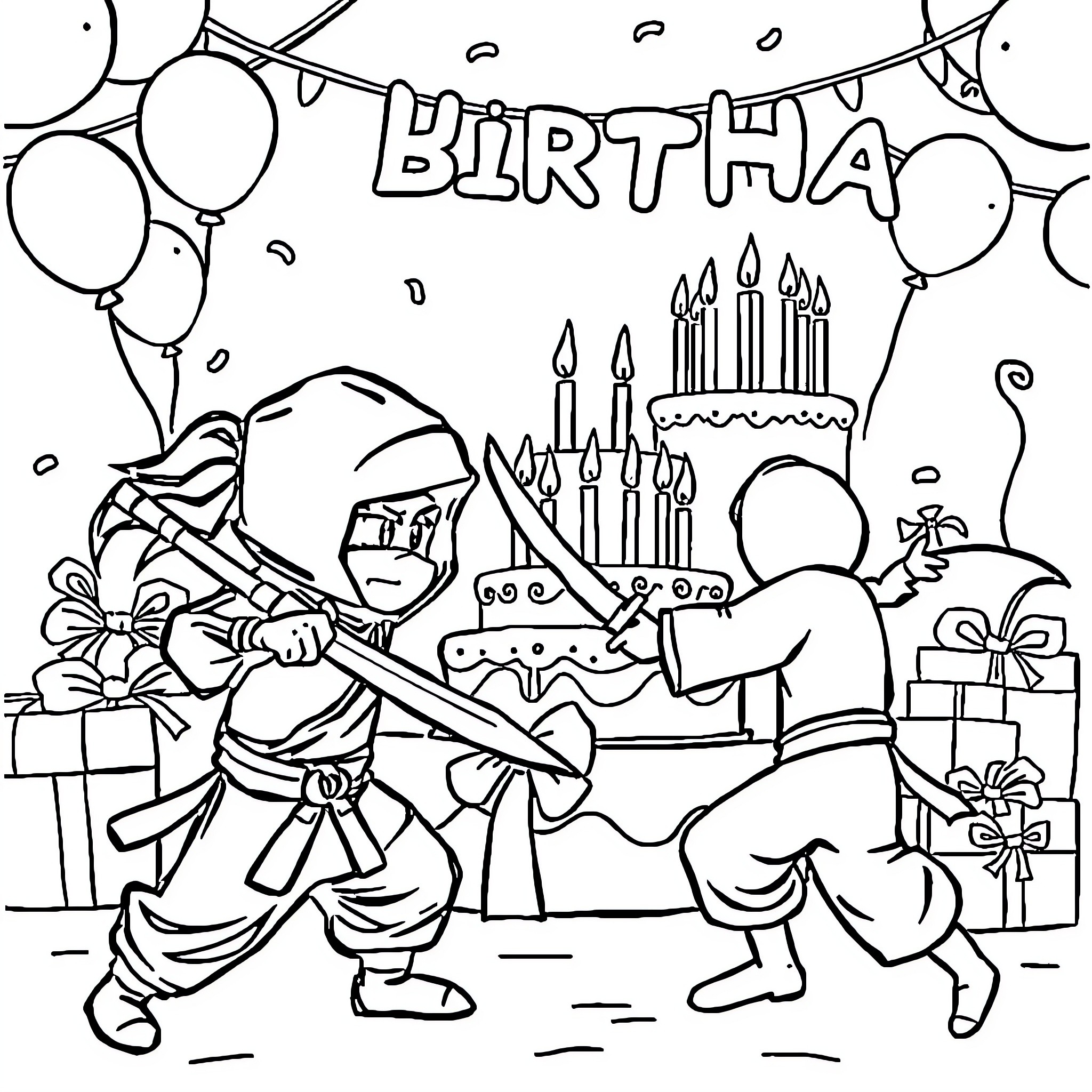 Ninja birthday celebration with cake and presents Coloring Page (free black-and-white line drawing printable PDF for all, from beginners to advanced learners, including children, teens, adults, and seniors)