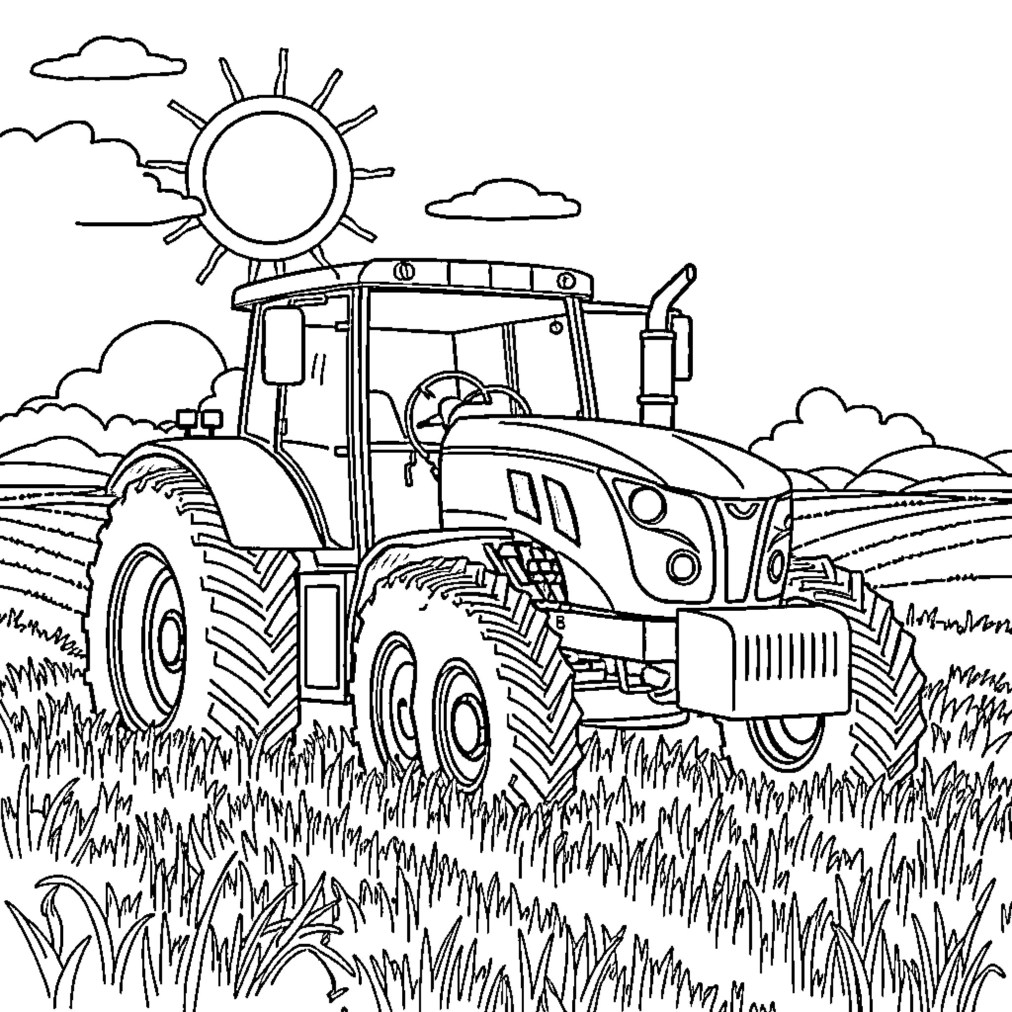 Tractor plowing the field under the sunny sky Coloring Page (free black-and-white line drawing printable PDF for all, from beginners to advanced learners, including children, teens, adults, and seniors)