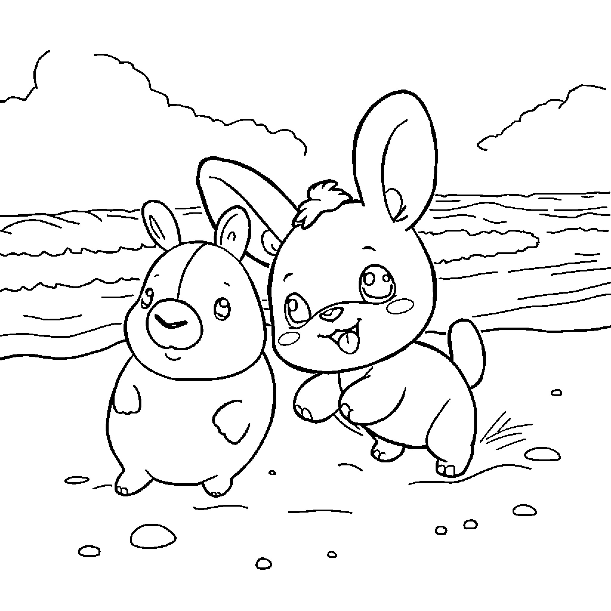 Cinnamoroll playing and exploring a beachscape Coloring Page (free black-and-white line drawing printable PDF for all, from beginners to advanced learners, including children, teens, adults, and seniors)