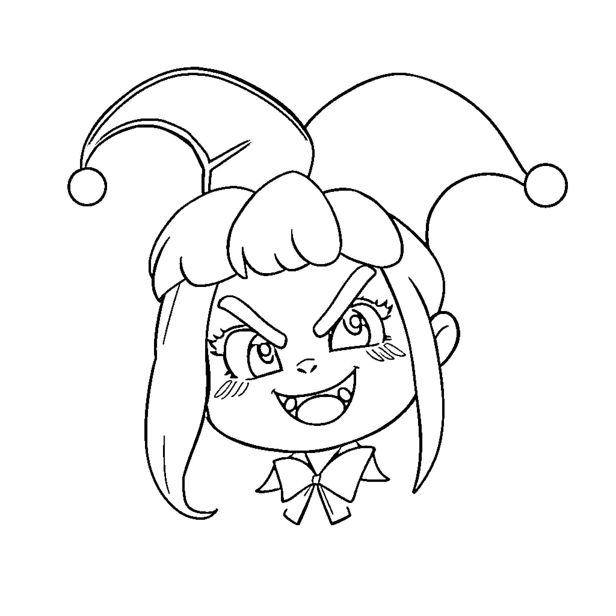 Kuromi's Mischievous Grin in Jester Attire Coloring Page (free black-and-white line drawing printable PDF for all, from beginners to advanced learners, including children, teens, adults, and seniors)
