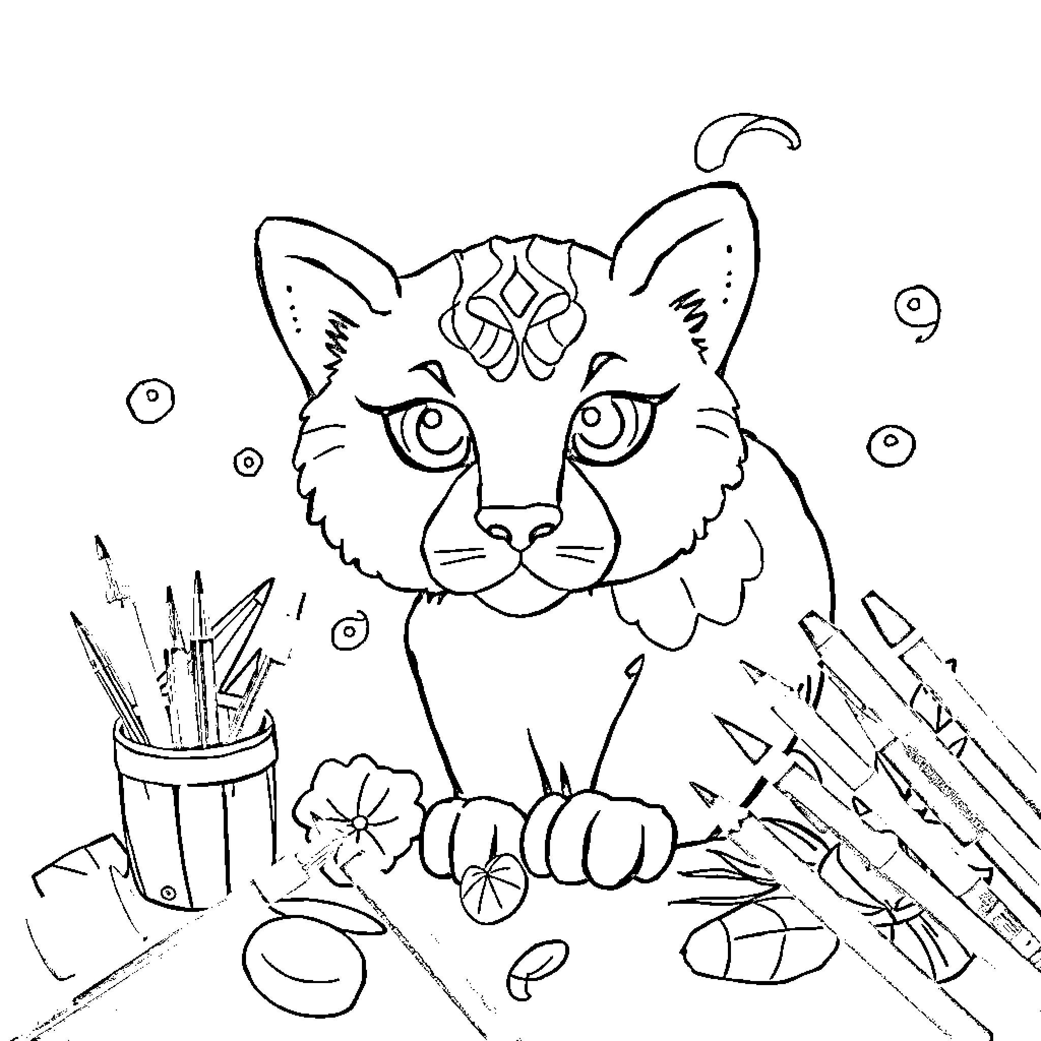 Craft Kitten Creating Artistic Masterpiece Coloring Page (free black-and-white line drawing printable PDF for all, from beginners to advanced learners, including children, teens, adults, and seniors)