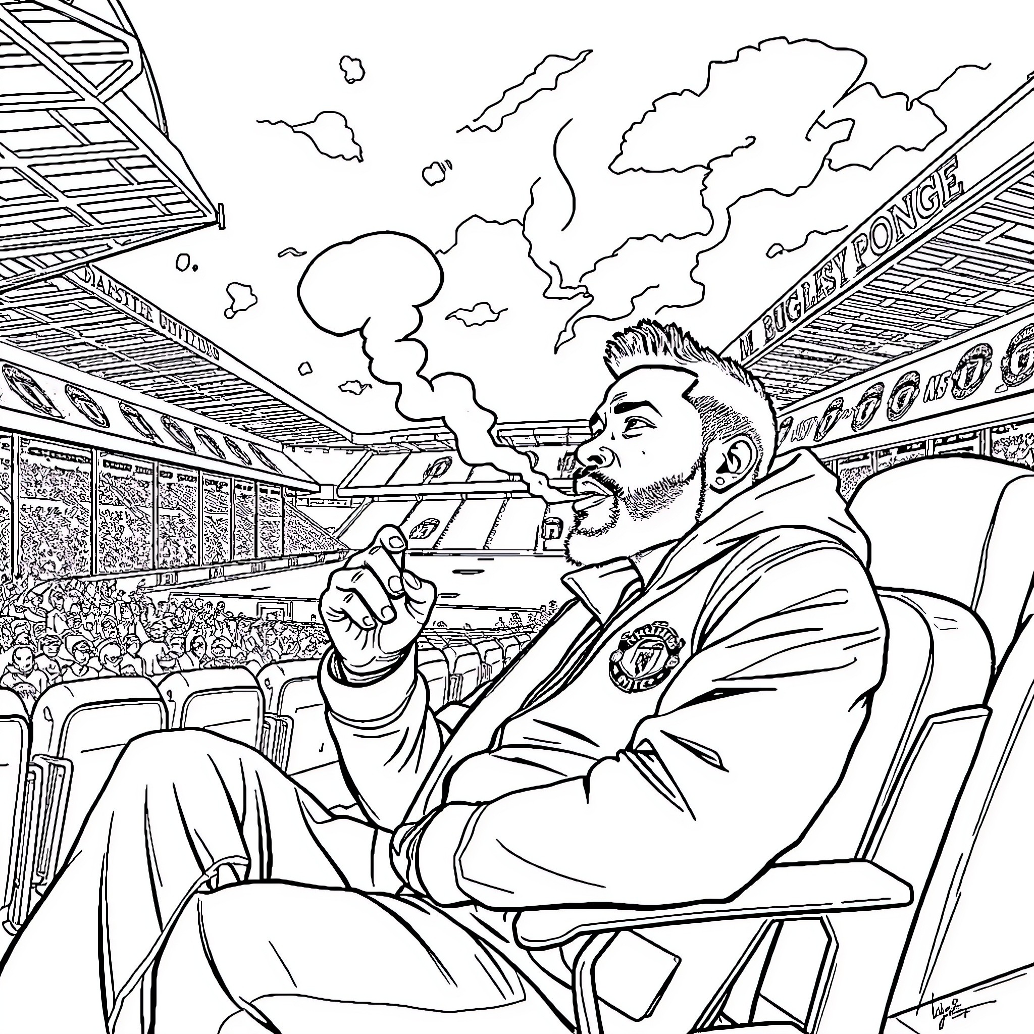 Bugzy Malone relaxing at the stadium Coloring Page (free black-and-white line drawing printable PDF for all, from beginners to advanced learners, including children, teens, adults, and seniors)