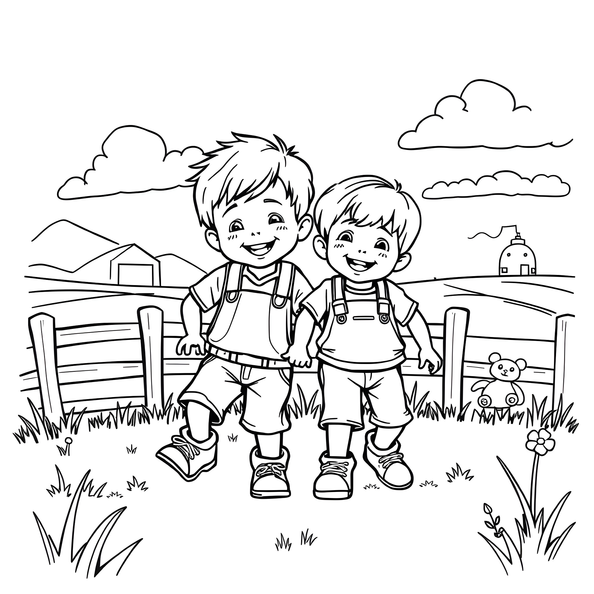 Boy friends exploring the countryside Coloring Page (free black-and-white line drawing printable PDF for all, from beginners to advanced learners, including children, teens, adults, and seniors)