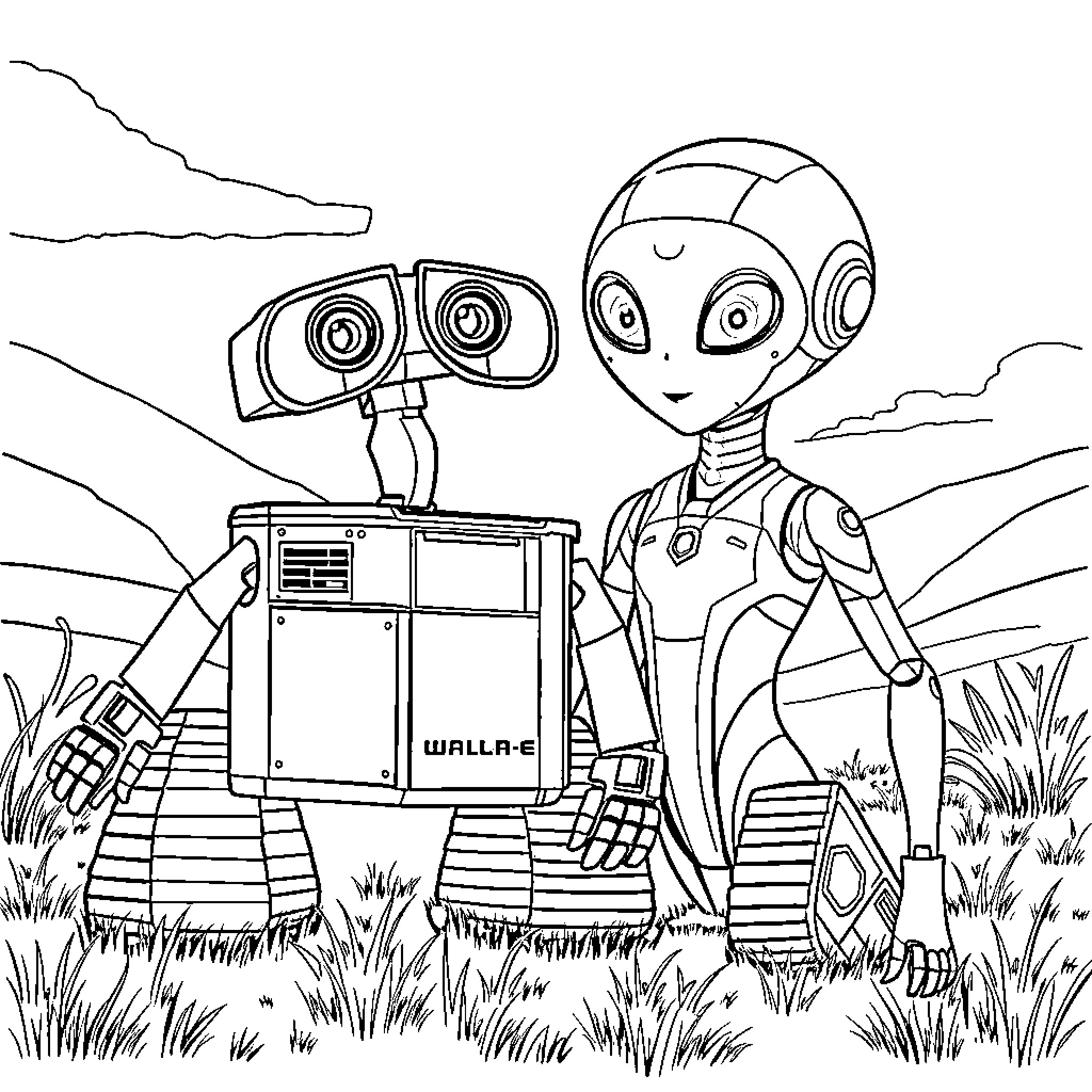 Wall-E exploring the vast countryside with curiosity Coloring Page (free black-and-white line drawing printable PDF for all, from beginners to advanced learners, including children, teens, adults, and seniors)