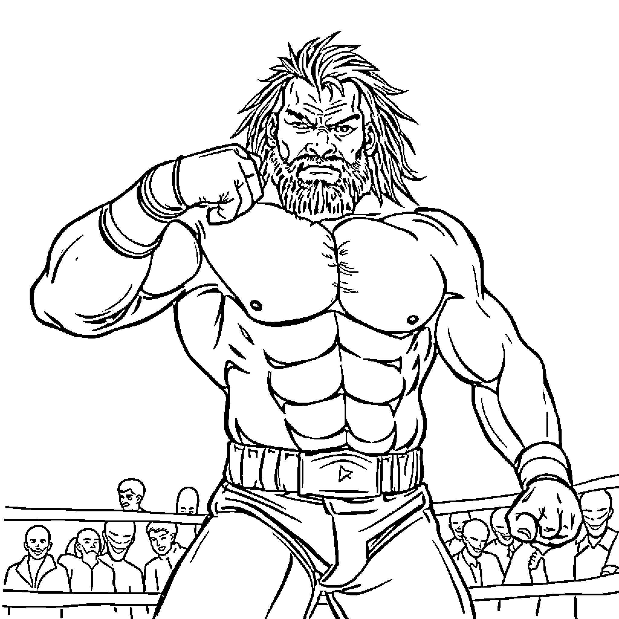 Wrestler in intense fighting stance with crowd in background Coloring Page (free black-and-white line drawing printable PDF for all, from beginners to advanced learners, including children, teens, adults, and seniors)