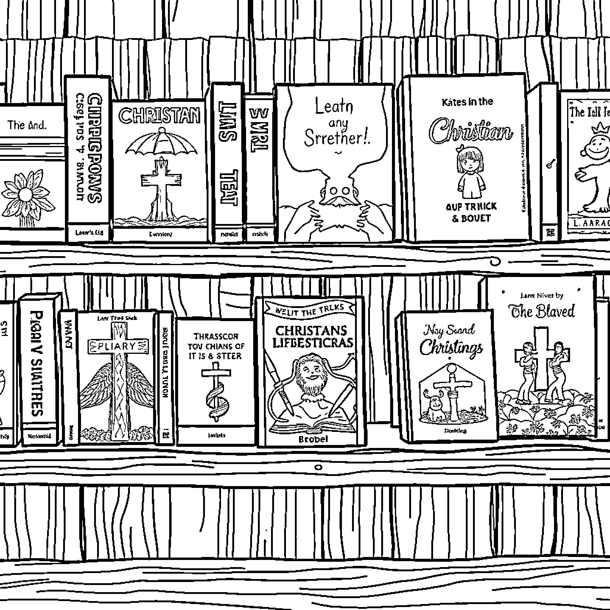 Christian Book Covers and Shelves with Religious Imagery Coloring Page (free black-and-white line drawing printable PDF for all, from beginners to advanced learners, including children, teens, adults, and seniors)
