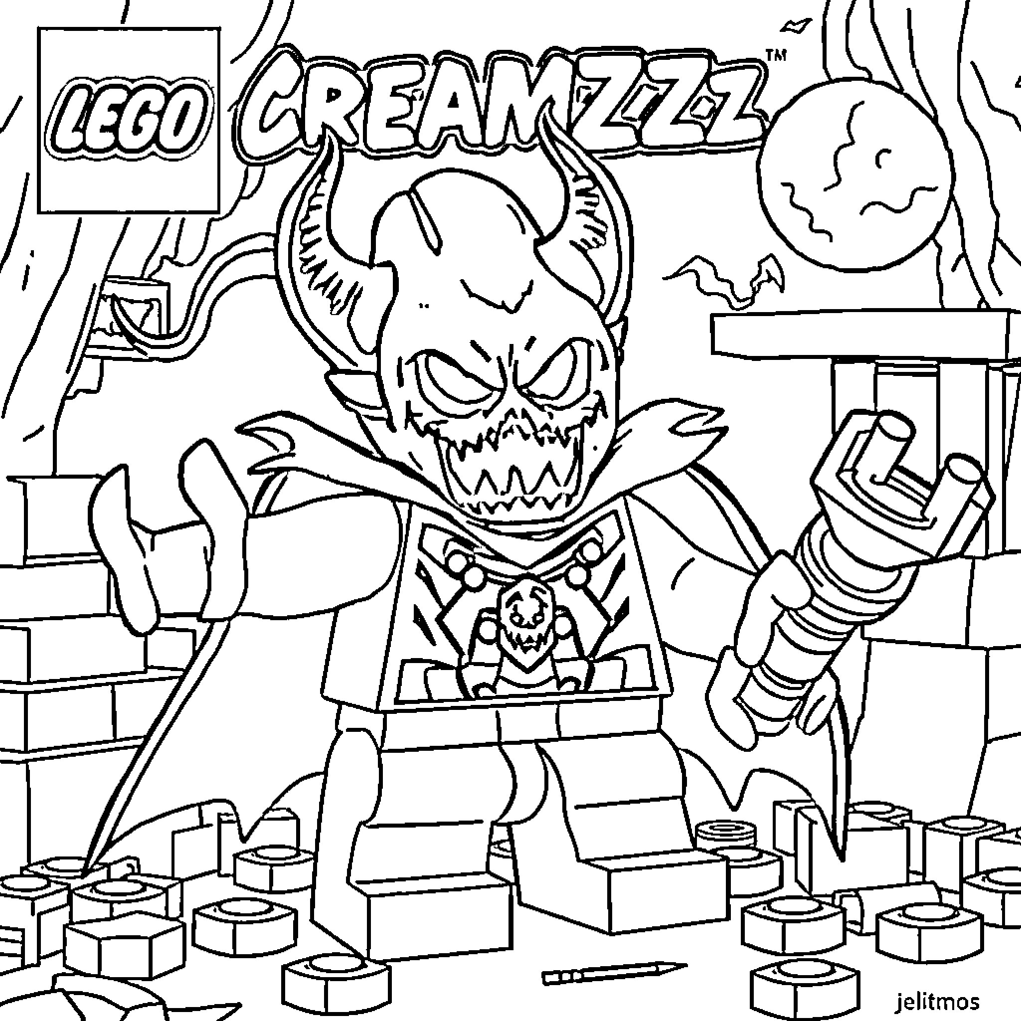 Grimspawn Lego Creature in Dark Environment Coloring Page (free black-and-white line drawing printable PDF for all, from beginners to advanced learners, including children, teens, adults, and seniors)