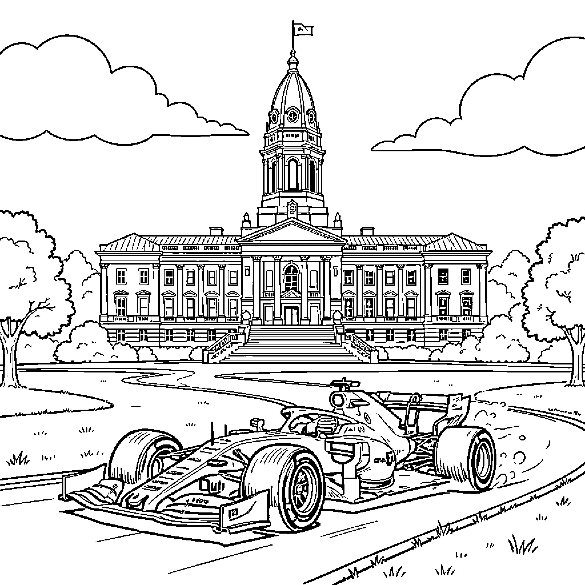 F1 Car racing fast on a track near a building Coloring Page (free black-and-white line drawing printable PDF for all, from beginners to advanced learners, including children, teens, adults, and seniors)