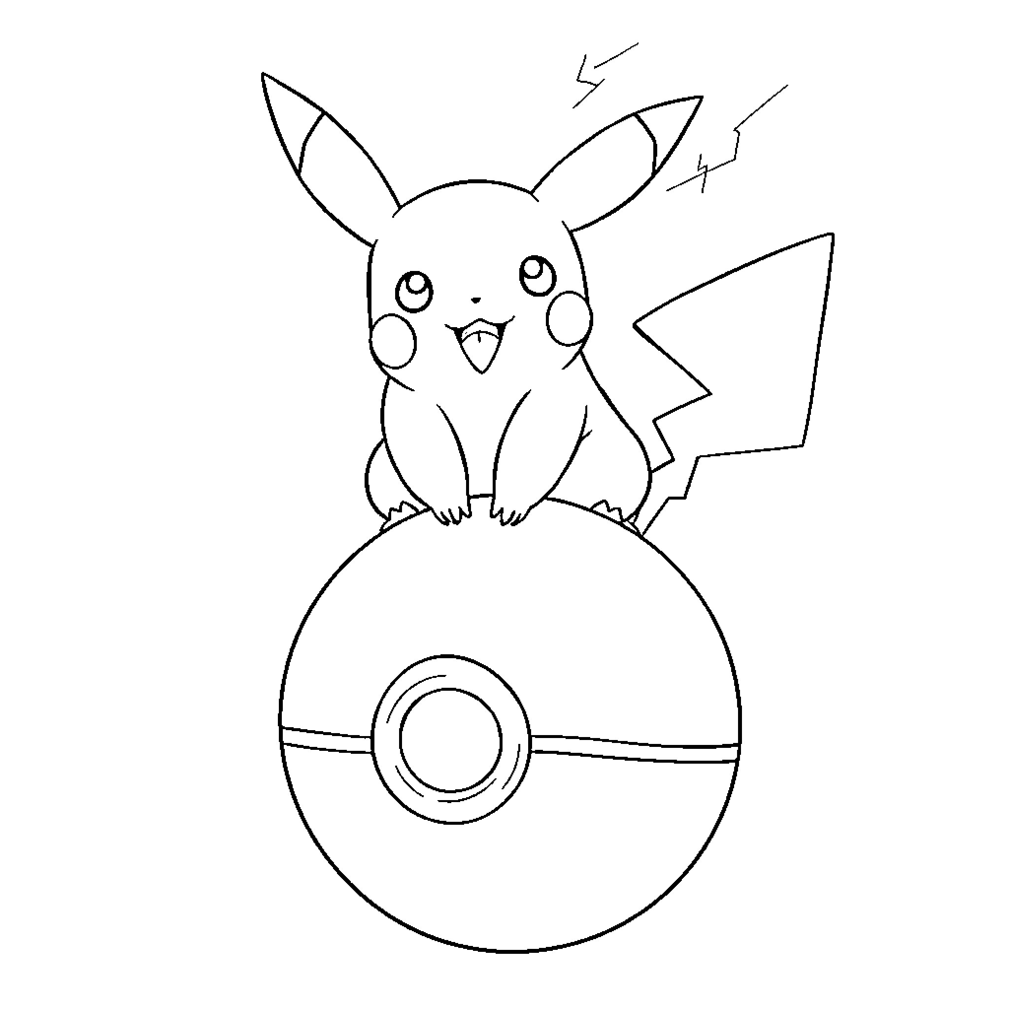 Pikachu sitting on a Pokeball Coloring Page (free black-and-white line drawing printable PDF for all, from beginners to advanced learners, including children, teens, adults, and seniors)