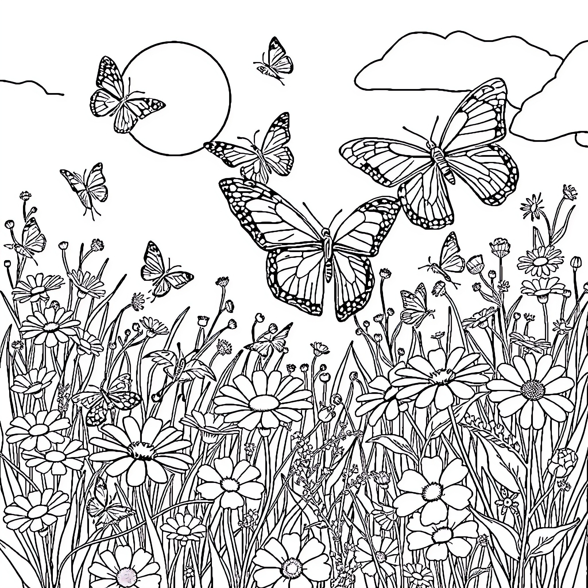 Butterfly garden with blooming flowers Coloring Page (free black-and-white line drawing printable PDF for all, from beginners to advanced learners, including children, teens, adults, and seniors)