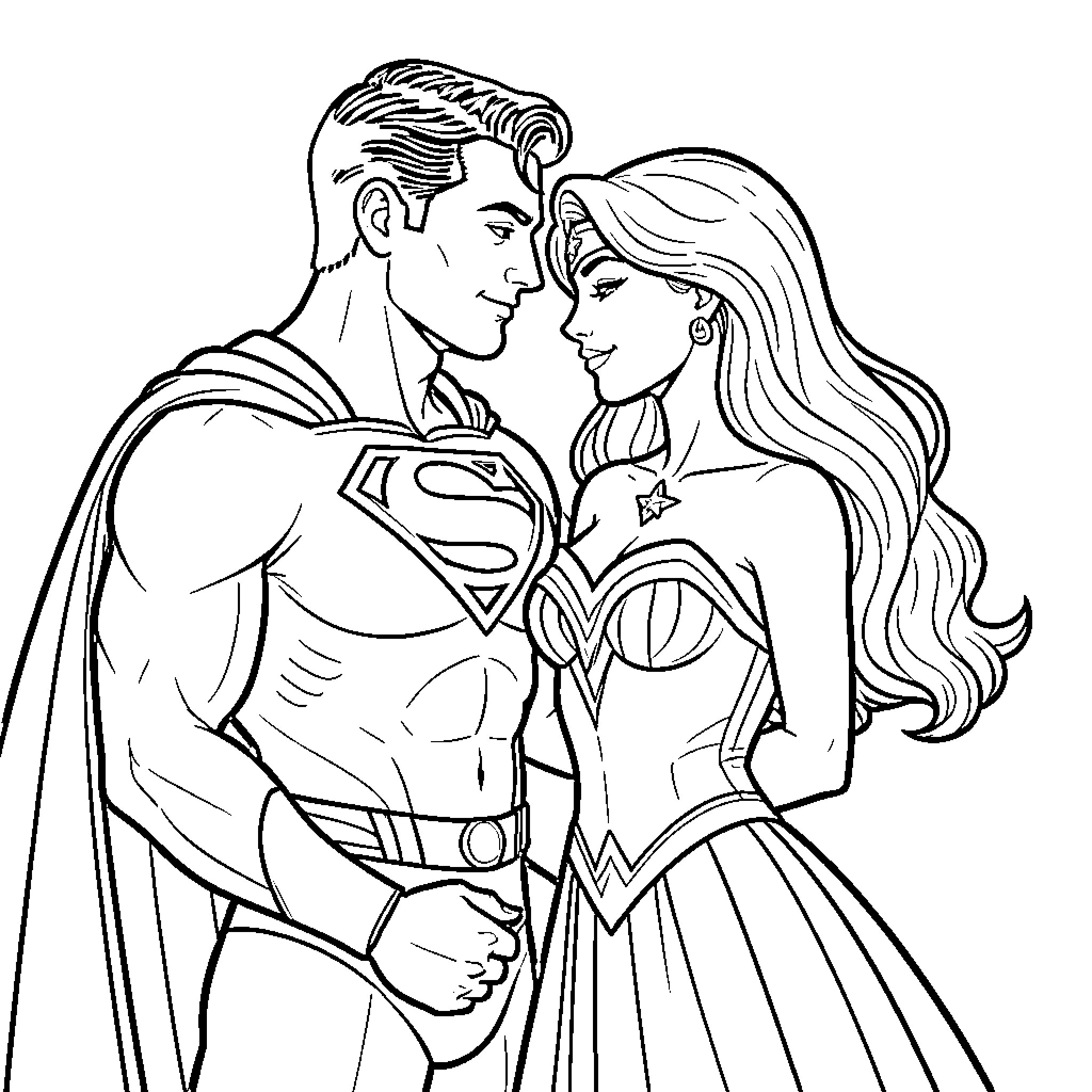 Superman and Wonder Woman gazing romantically at each other Coloring Page (free black-and-white line drawing printable PDF for all, from beginners to advanced learners, including children, teens, adults, and seniors)