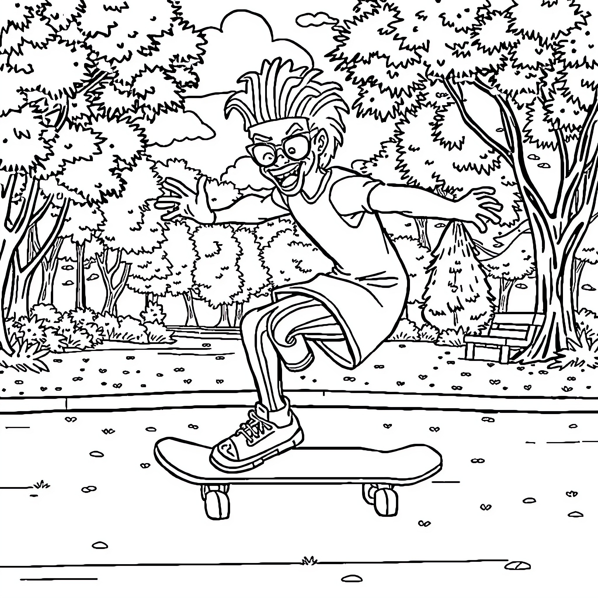 RuPaul's Eccentric Skateboarding Adventure in the Forest Coloring Page (free black-and-white line drawing printable PDF for all, from beginners to advanced learners, including children, teens, adults, and seniors)