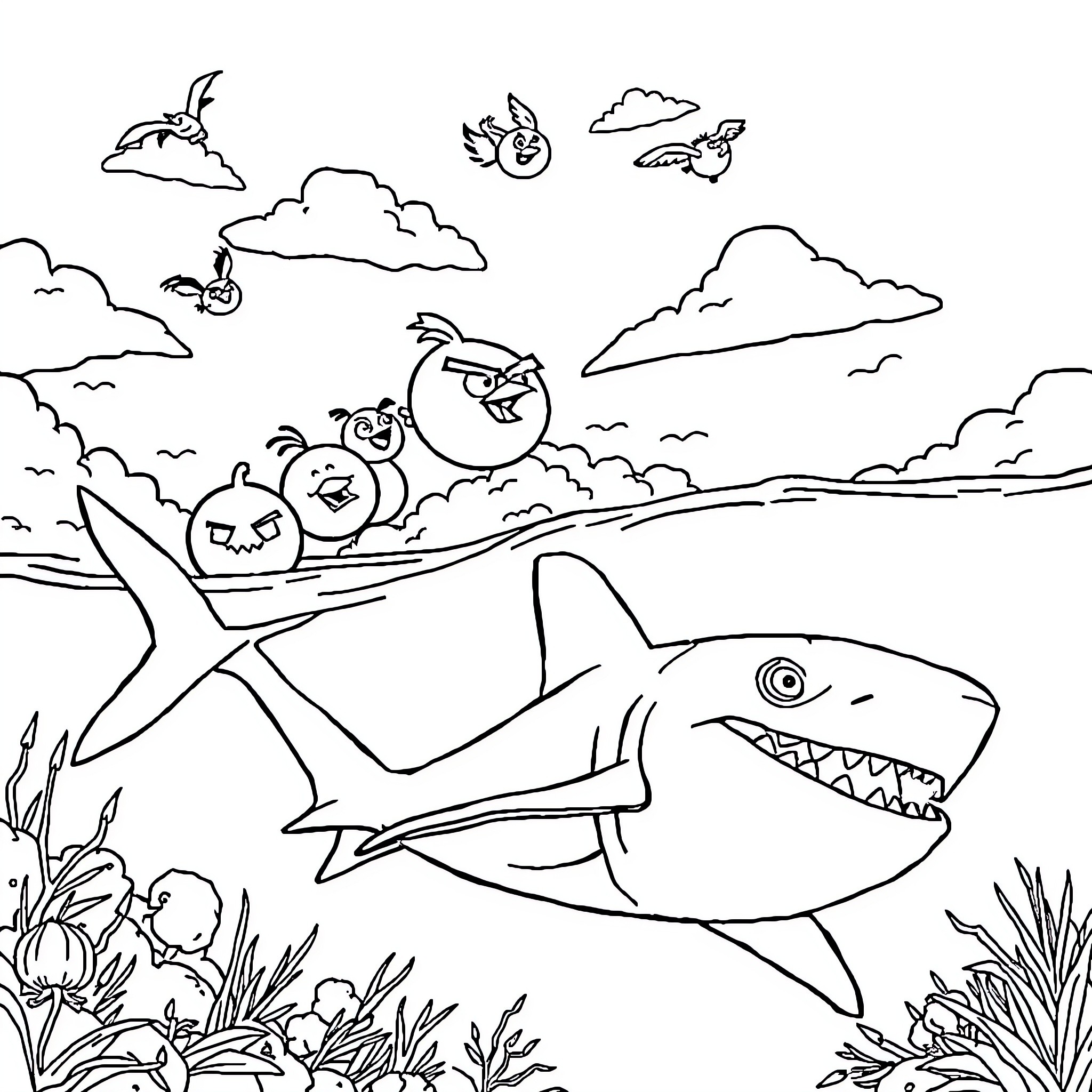 Angry Birds Surfing with Sharks in the Sea Coloring Page (free black-and-white line drawing printable PDF for all, from beginners to advanced learners, including children, teens, adults, and seniors)
