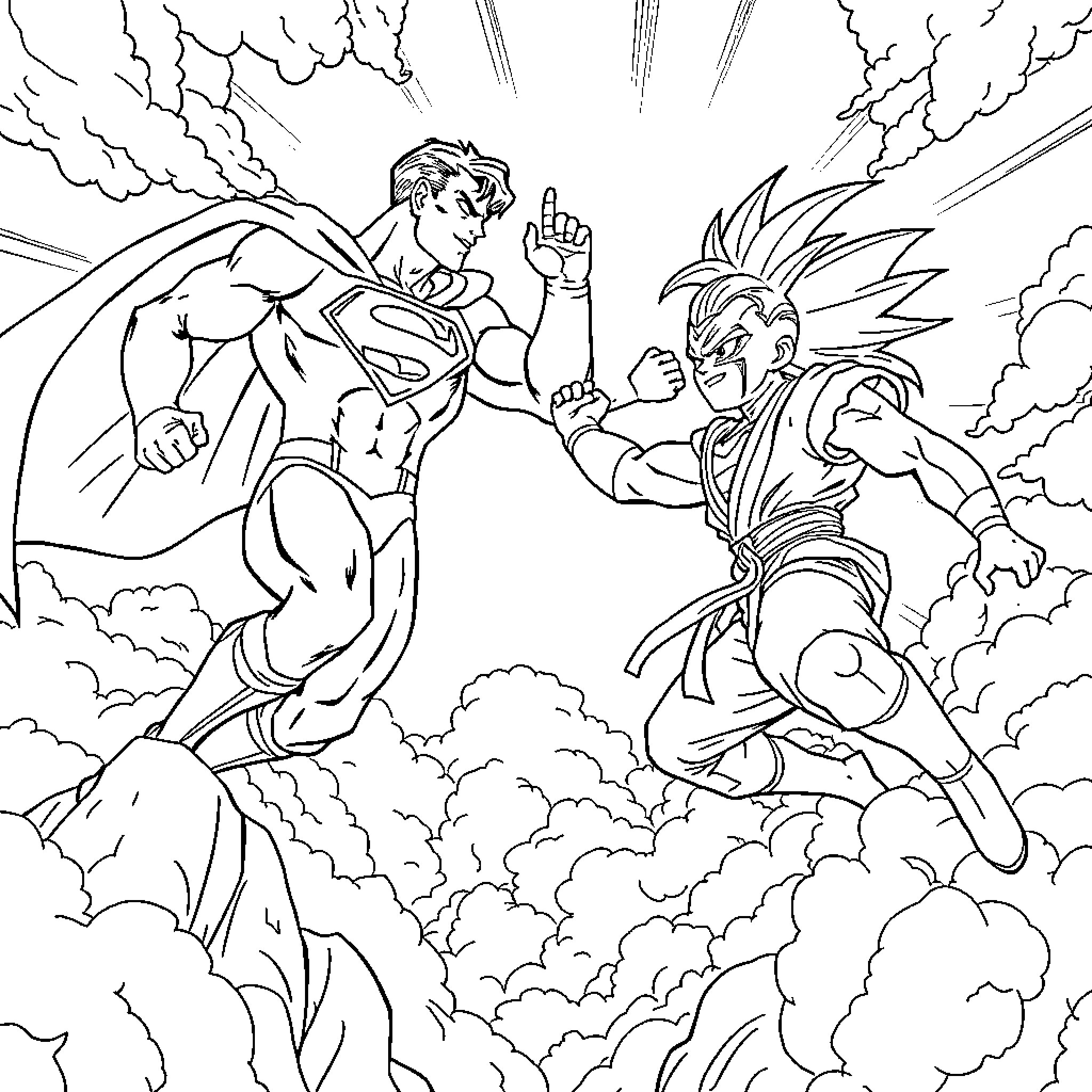 Superman battles a powerful foe in the sky Coloring Page (free black-and-white line drawing printable PDF for all, from beginners to advanced learners, including children, teens, adults, and seniors)
