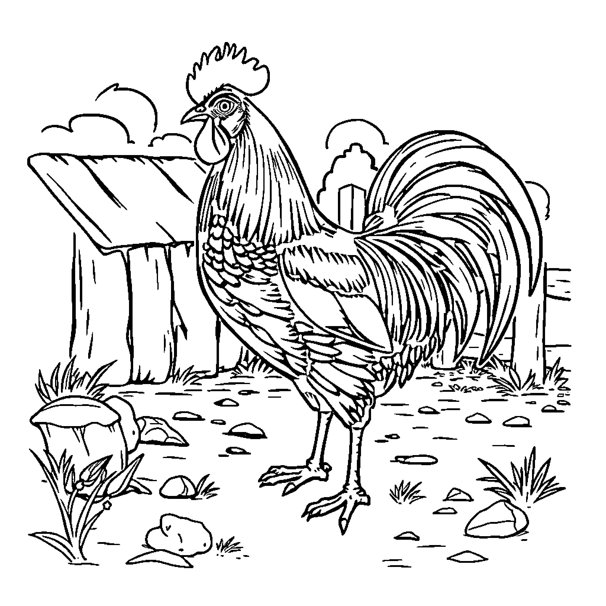 Rooster strutting proudly in the countryside Coloring Page (free black-and-white line drawing printable PDF for all, from beginners to advanced learners, including children, teens, adults, and seniors)