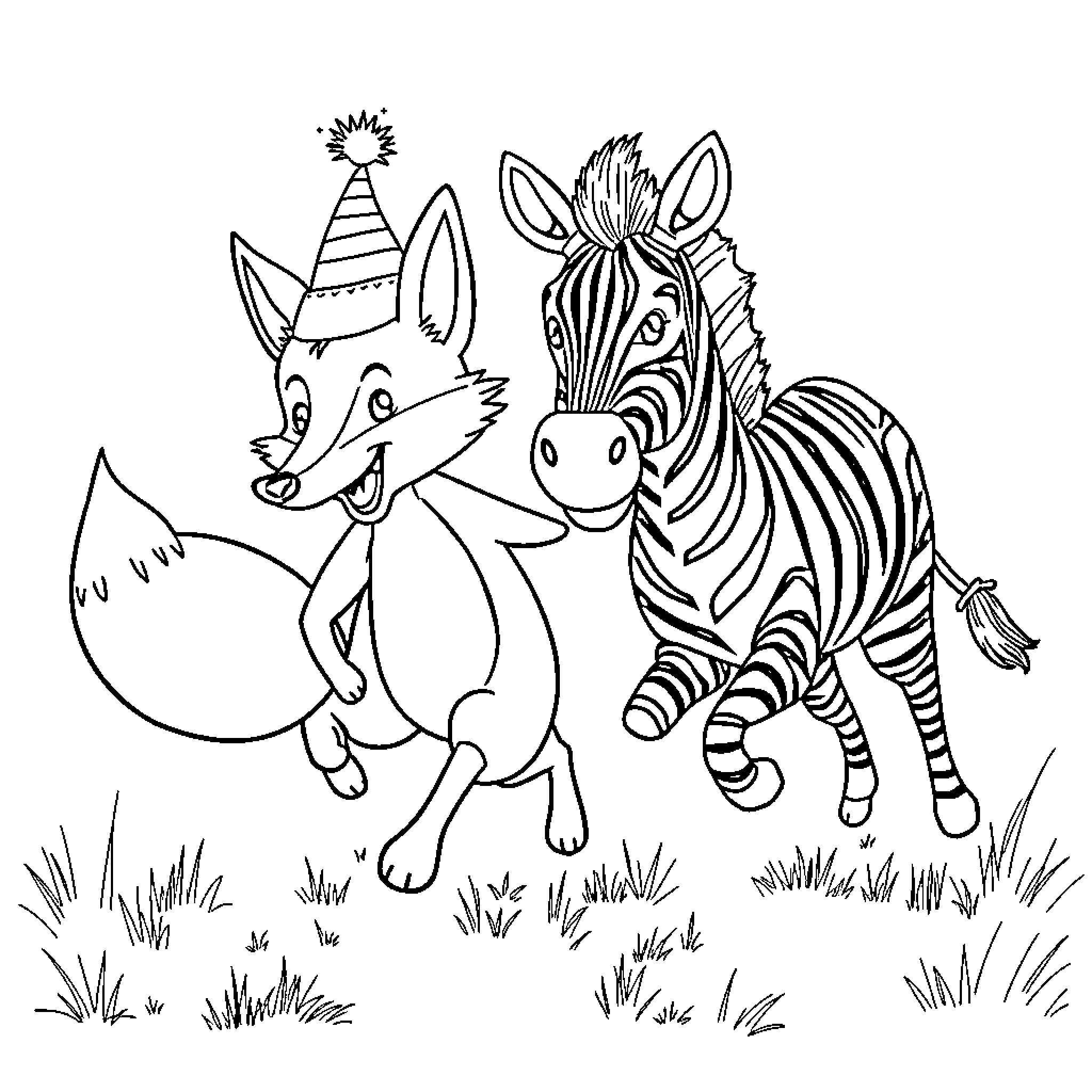 Fox and Zebra Celebrating in Nature Coloring Page (free black-and-white line drawing printable PDF for all, from beginners to advanced learners, including children, teens, adults, and seniors)