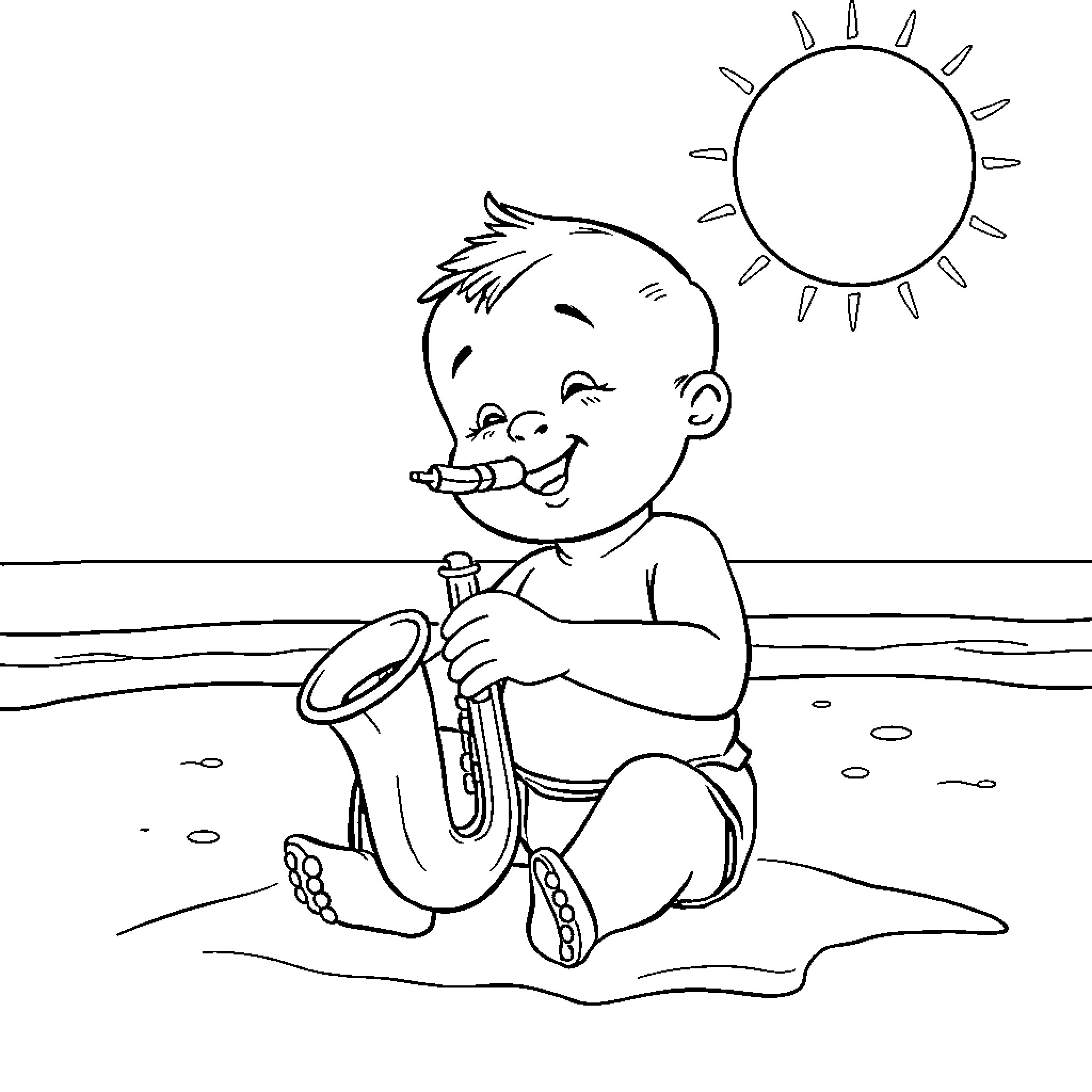 Baby playing happily with saxophone on the beach Coloring Page (free black-and-white line drawing printable PDF for all, from beginners to advanced learners, including children, teens, adults, and seniors)