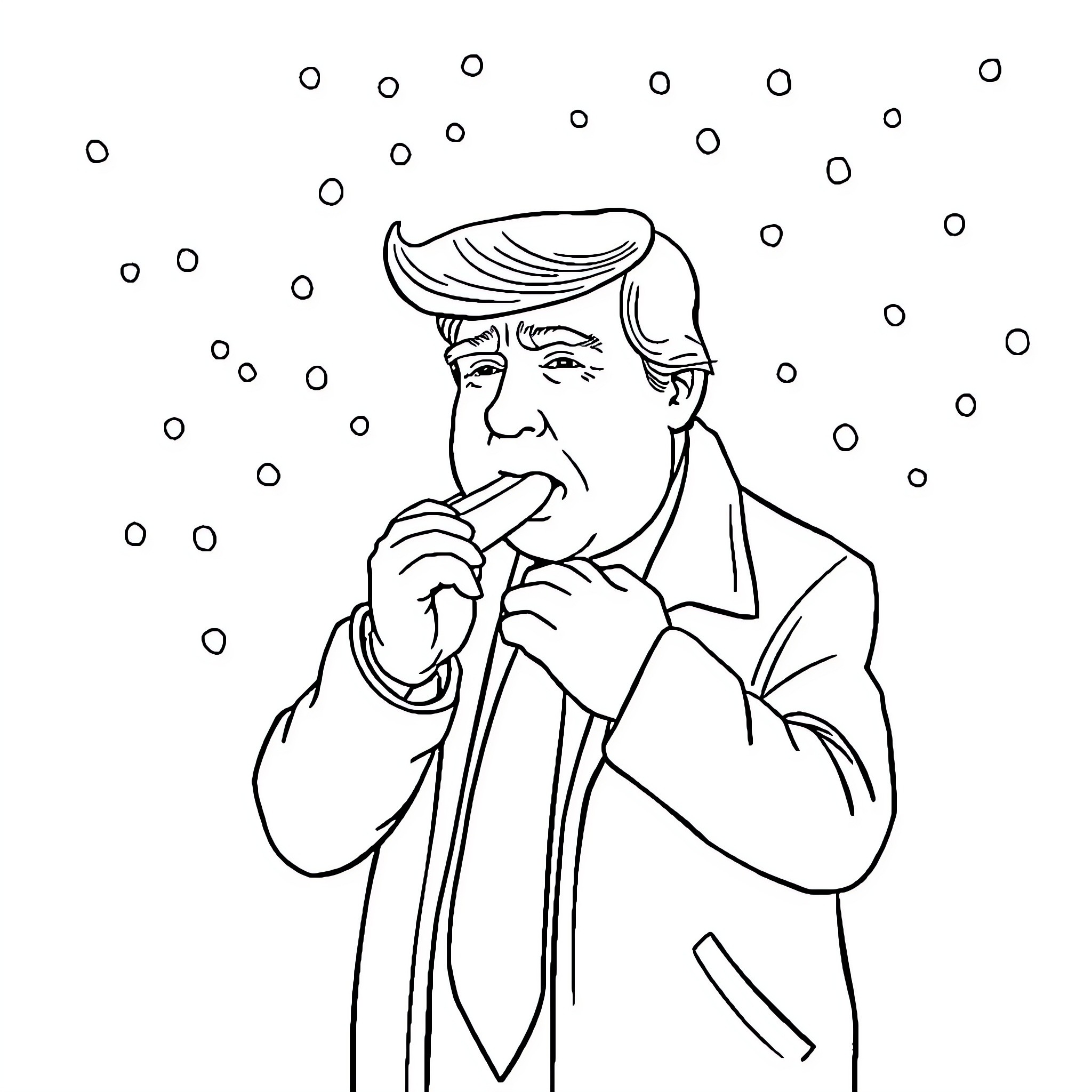 Trump in Contemplative Pose with Snowfall Coloring Page (free black-and-white line drawing printable PDF for all, from beginners to advanced learners, including children, teens, adults, and seniors)