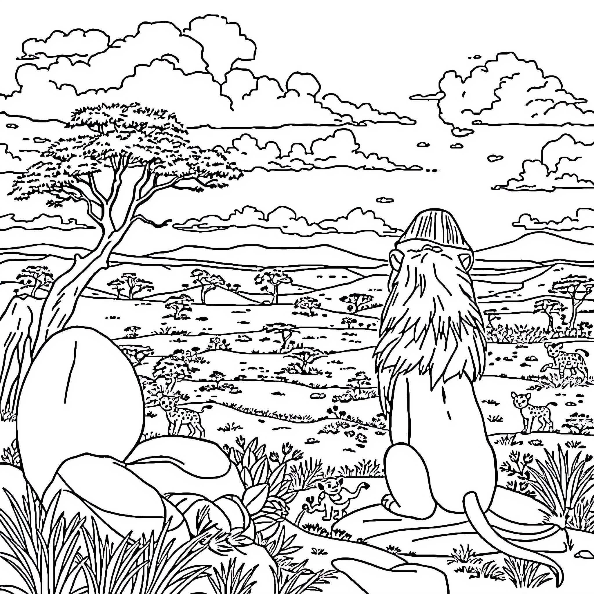 Lion resting in the wild African landscape Coloring Page (free black-and-white line drawing printable PDF for all, from beginners to advanced learners, including children, teens, adults, and seniors)