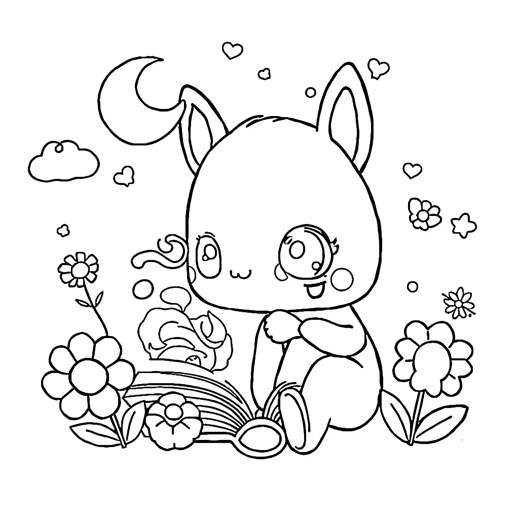 Book of Cute Rabbit Playing in Floral Garden Coloring Page (free black-and-white line drawing printable PDF for all, from beginners to advanced learners, including children, teens, adults, and seniors)