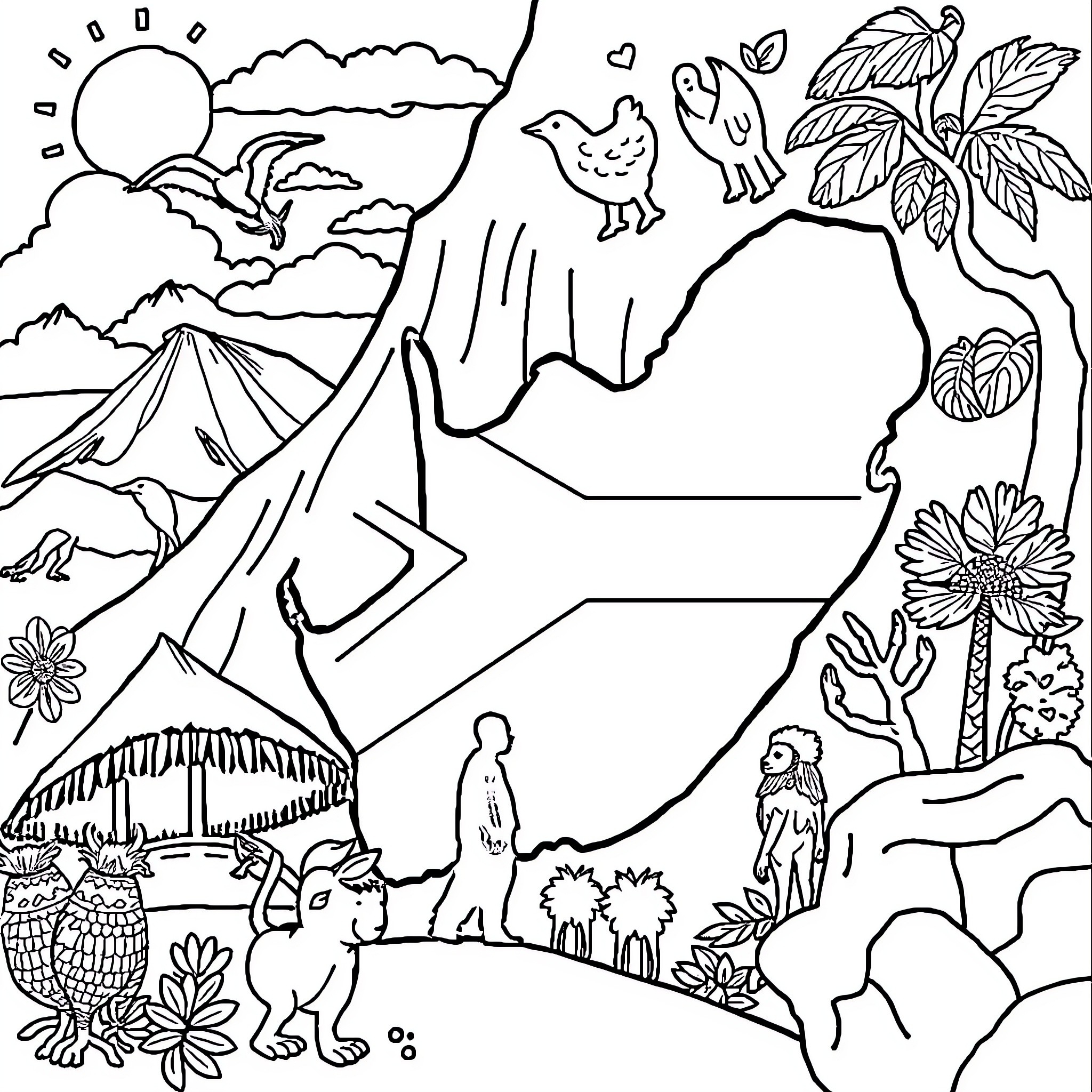 Heritage Landscape of Nature and Wildlife Coloring Page (free black-and-white line drawing printable PDF for all, from beginners to advanced learners, including children, teens, adults, and seniors)