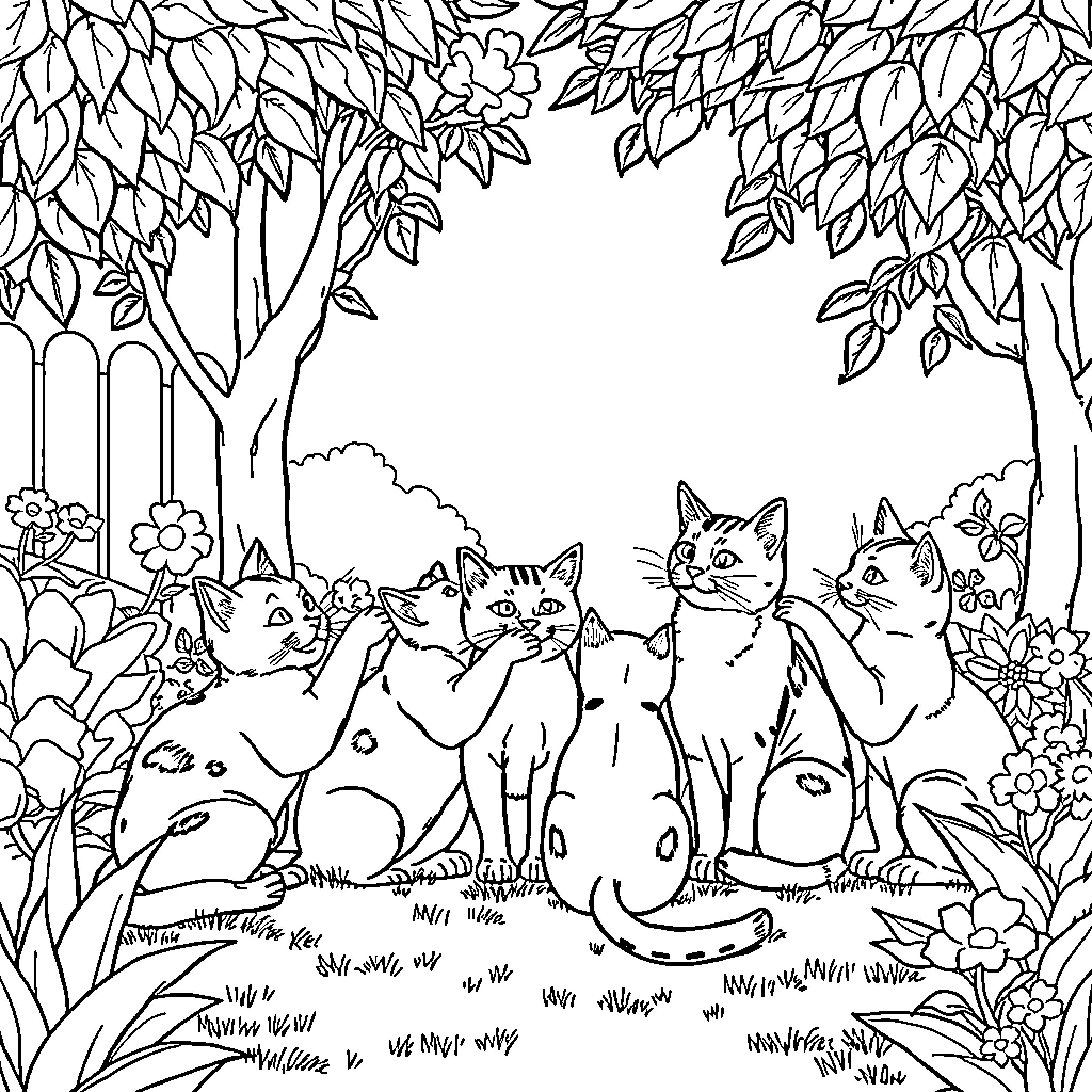 Cat family in the forest garden Coloring Page (free black-and-white line drawing printable PDF for all, from beginners to advanced learners, including children, teens, adults, and seniors)