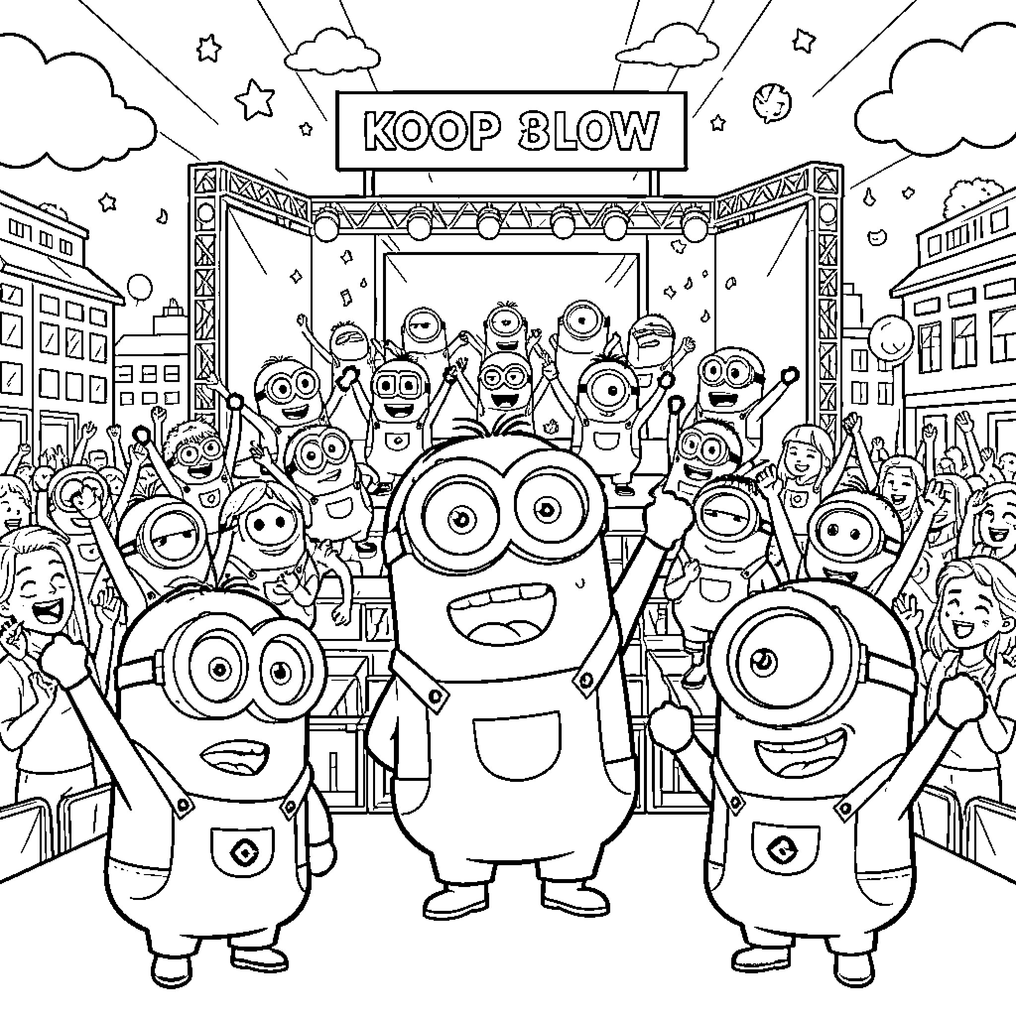 Minions performing excitedly on a concert stage Coloring Page (free black-and-white line drawing printable PDF for all, from beginners to advanced learners, including children, teens, adults, and seniors)