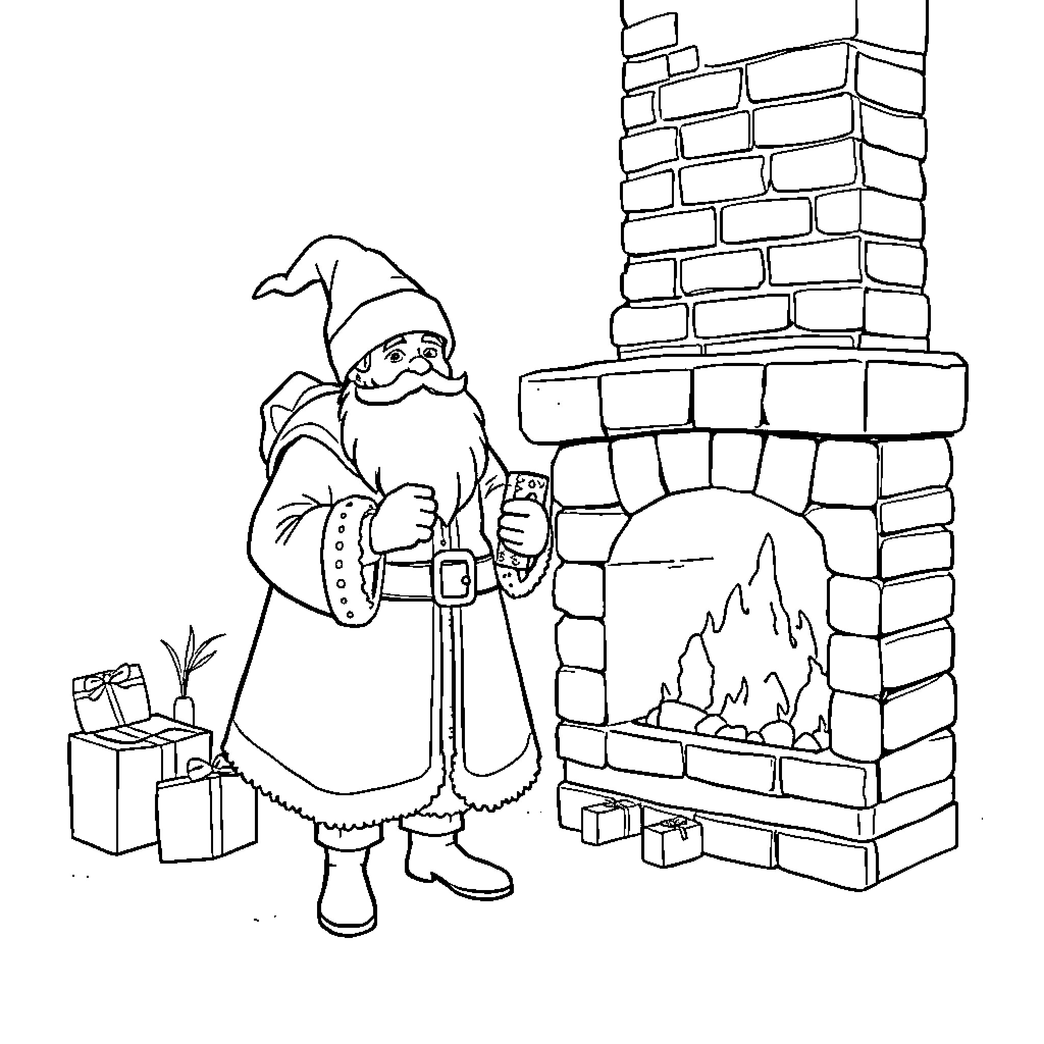 Sinterklaas by the Fireplace with Gifts Coloring Page (free black-and-white line drawing printable PDF for all, from beginners to advanced learners, including children, teens, adults, and seniors)