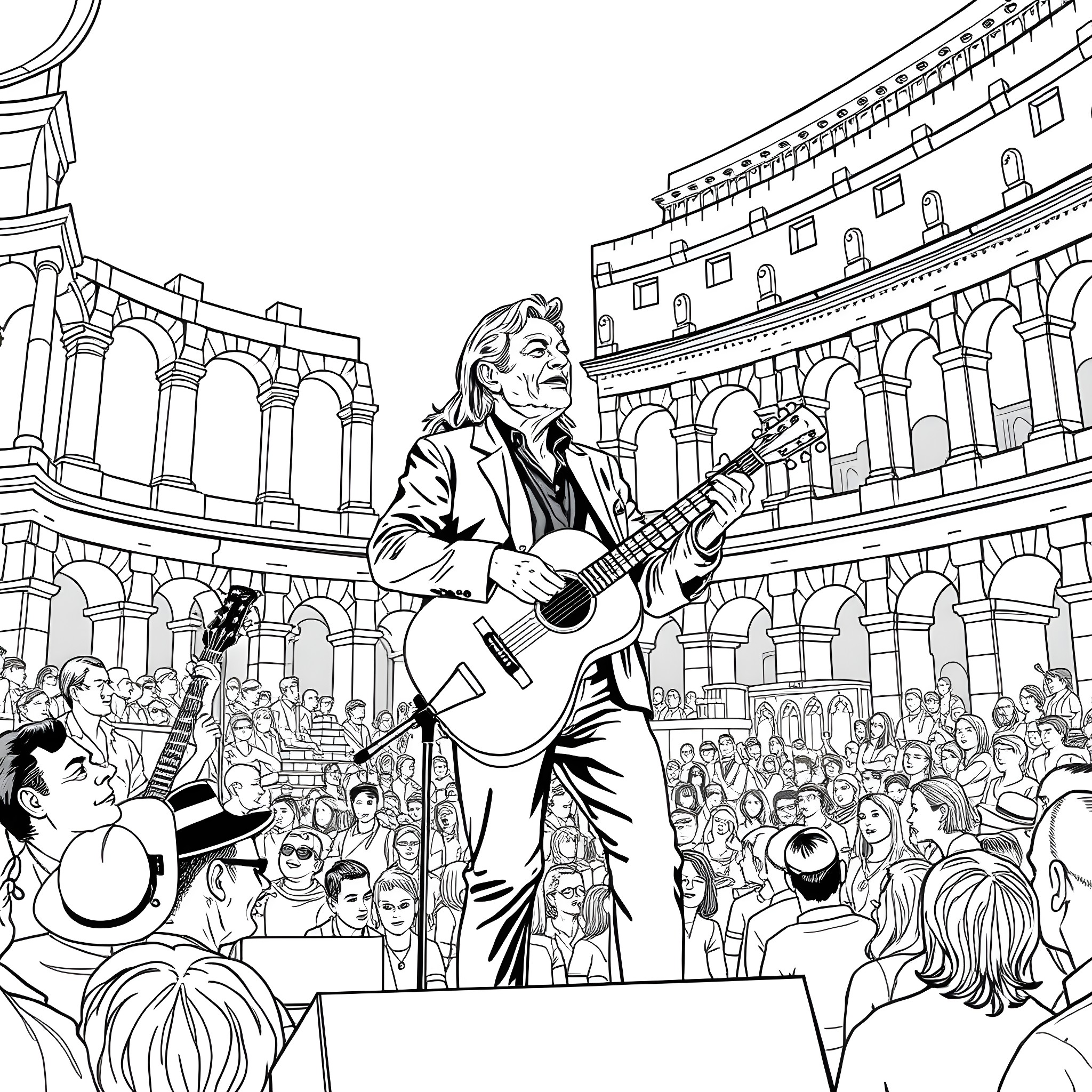 Willie Nelson performing on stage in front of a crowd Coloring Page (free black-and-white line drawing printable PDF for all, from beginners to advanced learners, including children, teens, adults, and seniors)