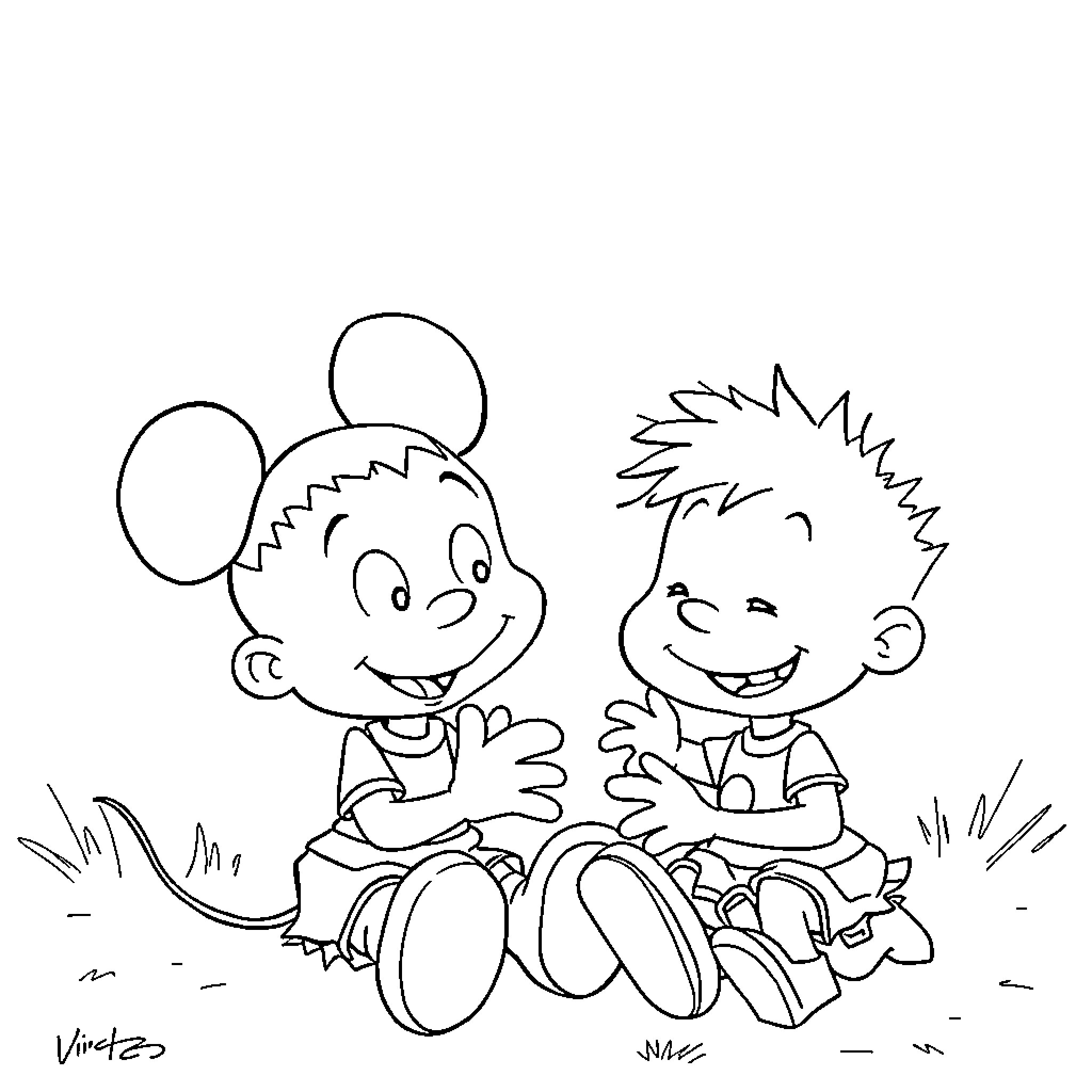 Rugrat friends playing happily on the grass Coloring Page (free black-and-white line drawing printable PDF for all, from beginners to advanced learners, including children, teens, adults, and seniors)