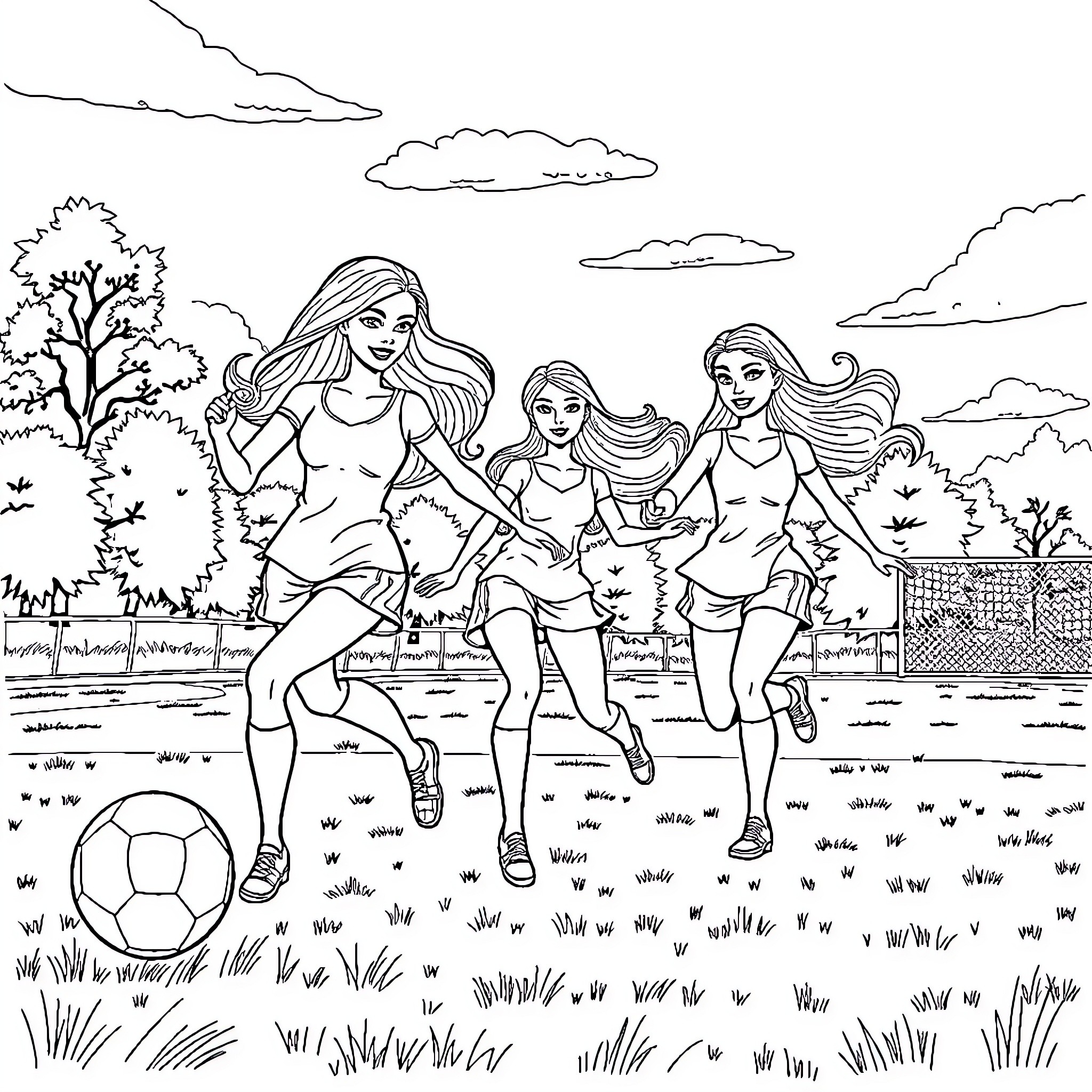 Barbie and friends playing soccer in the park Coloring Page (free black-and-white line drawing printable PDF for all, from beginners to advanced learners, including children, teens, adults, and seniors)