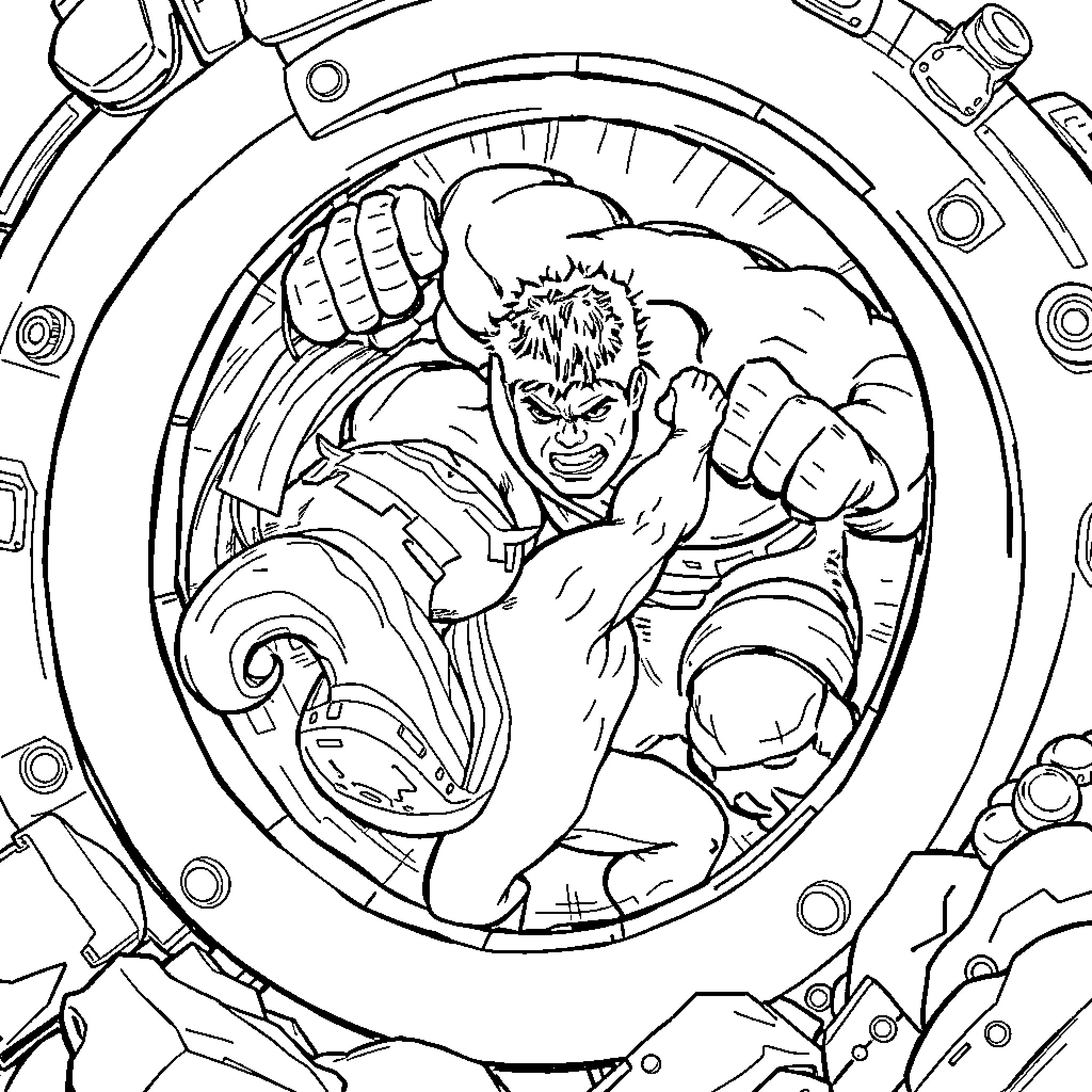 Alvin's Heroic Action in the Mechanical Realm Coloring Page (free black-and-white line drawing printable PDF for all, from beginners to advanced learners, including children, teens, adults, and seniors)