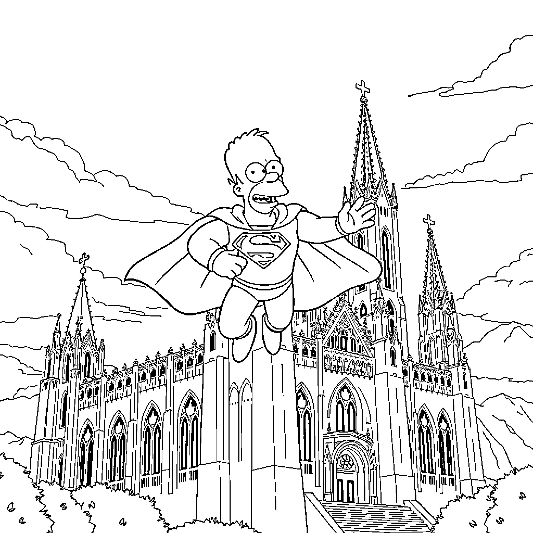 Homer Soaring Over Majestic Cathedral Coloring Page (free black-and-white line drawing printable PDF for all, from beginners to advanced learners, including children, teens, adults, and seniors)