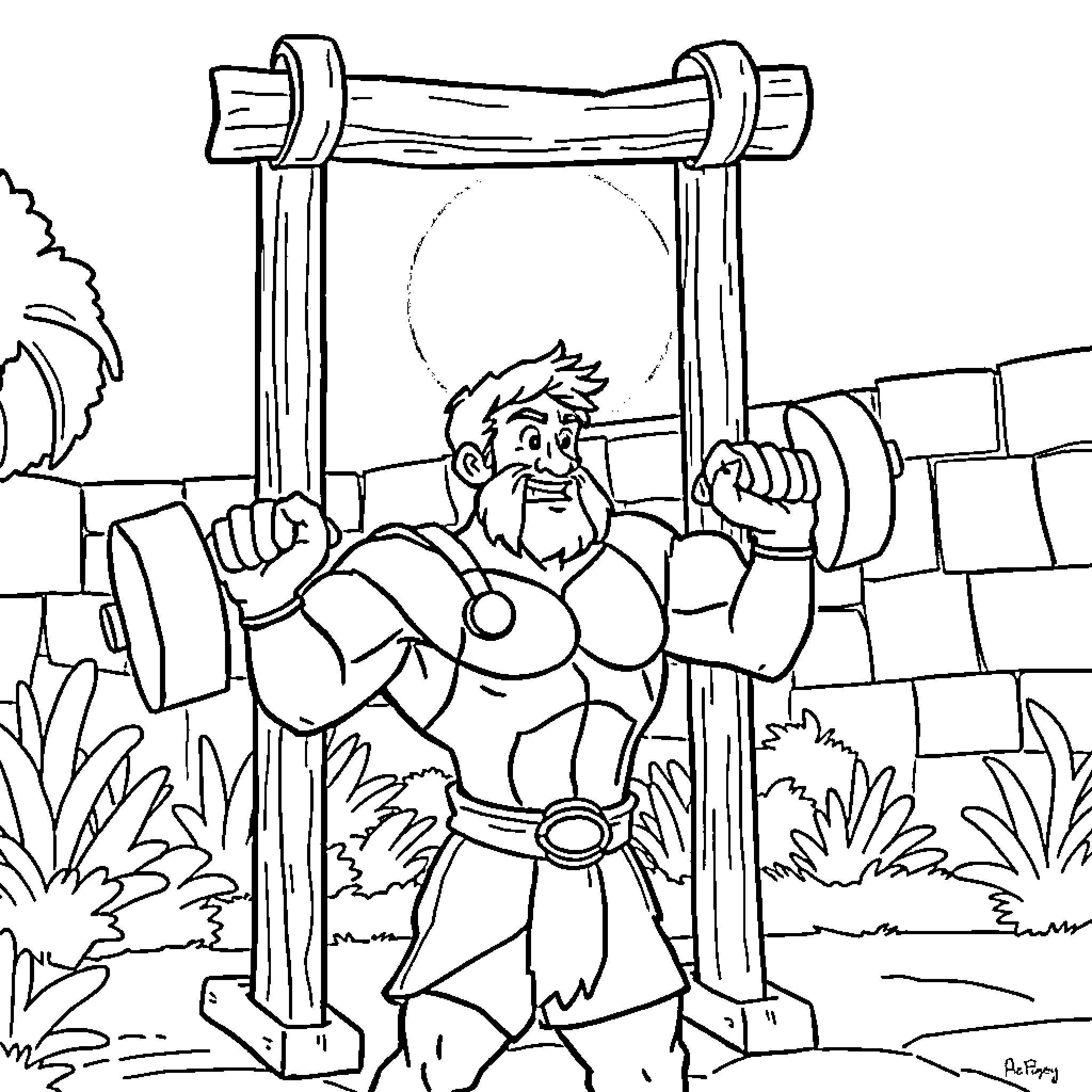 Hercules performing feats of strength in a rustic setting Coloring Page (free black-and-white line drawing printable PDF for all, from beginners to advanced learners, including children, teens, adults, and seniors)