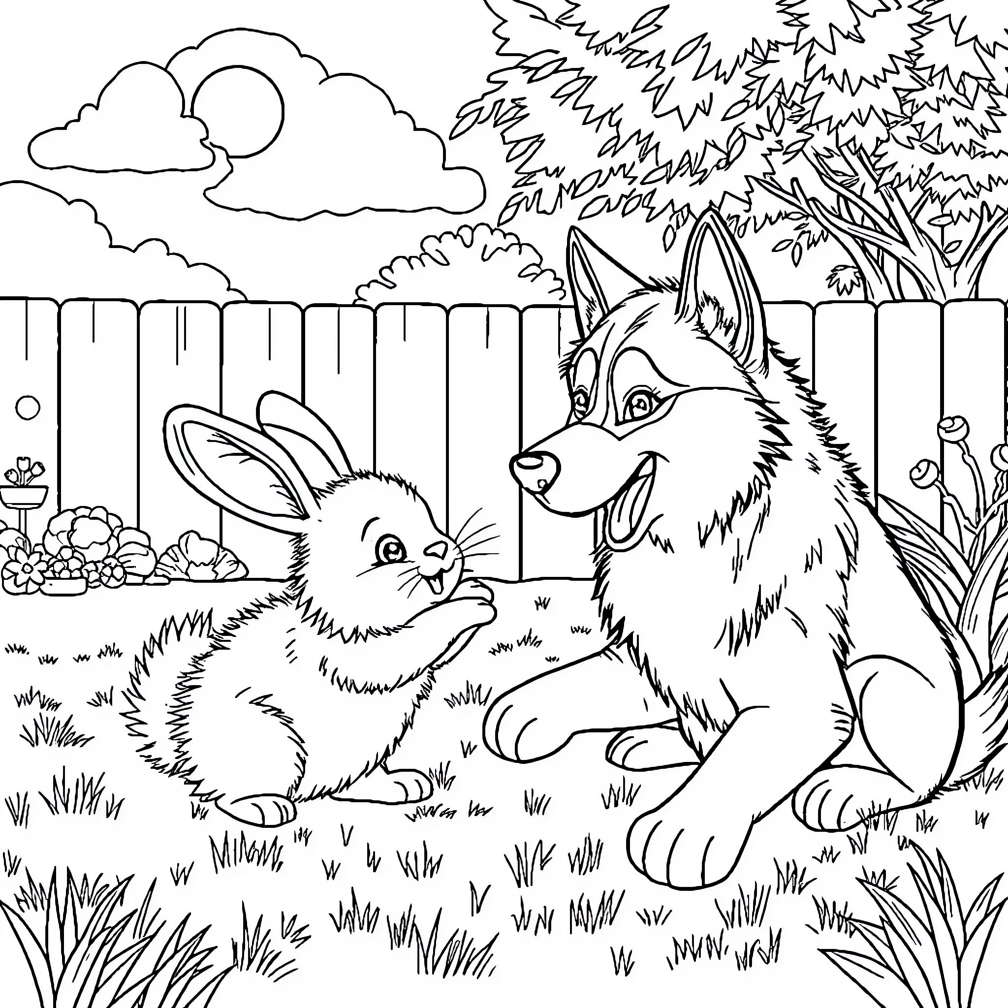 Bunny and Friendly Husky Enjoying Outdoor Adventure Coloring Page (free black-and-white line drawing printable PDF for all, from beginners to advanced learners, including children, teens, adults, and seniors)