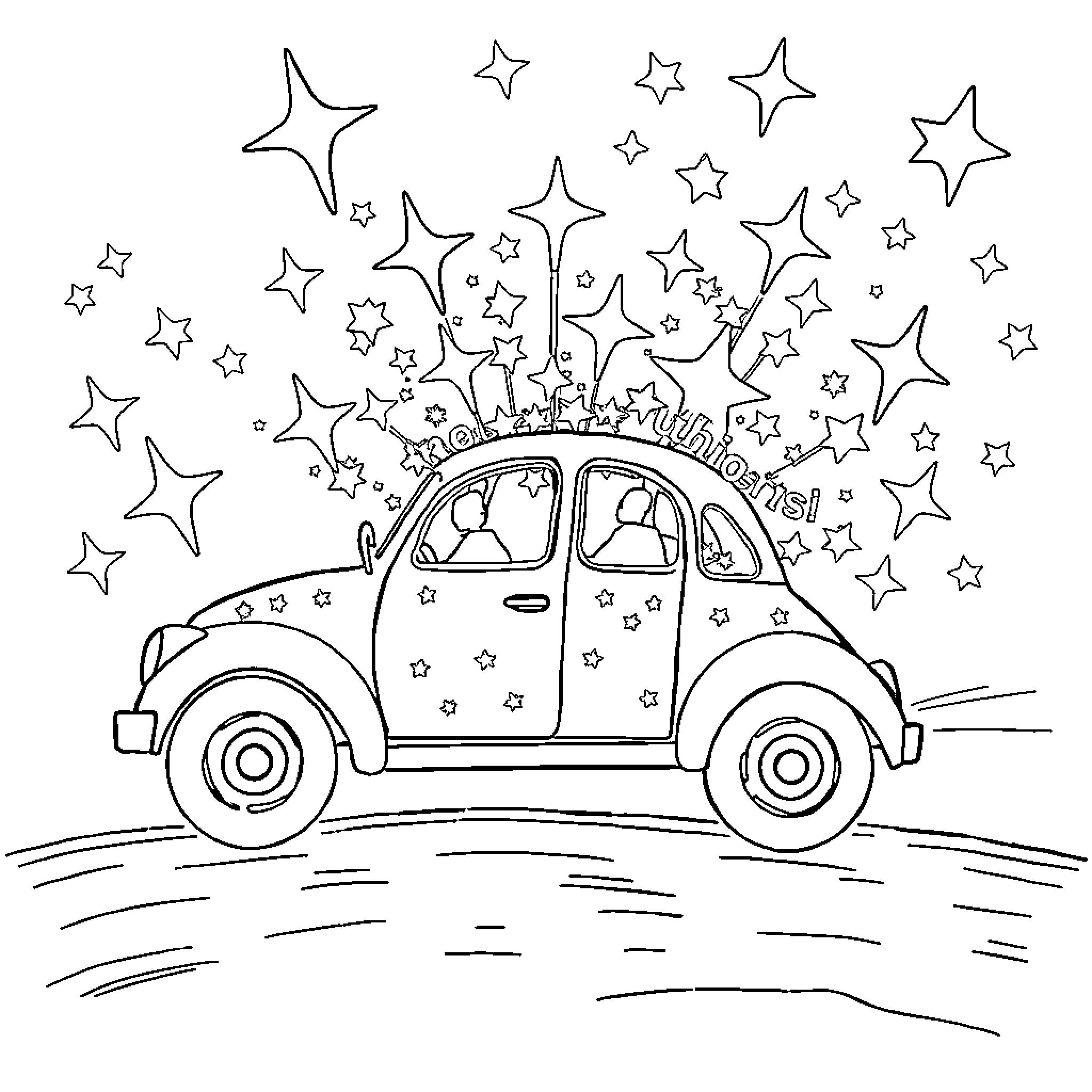 Car decorated with stars in a night scene Coloring Page (free black-and-white line drawing printable PDF for all, from beginners to advanced learners, including children, teens, adults, and seniors)