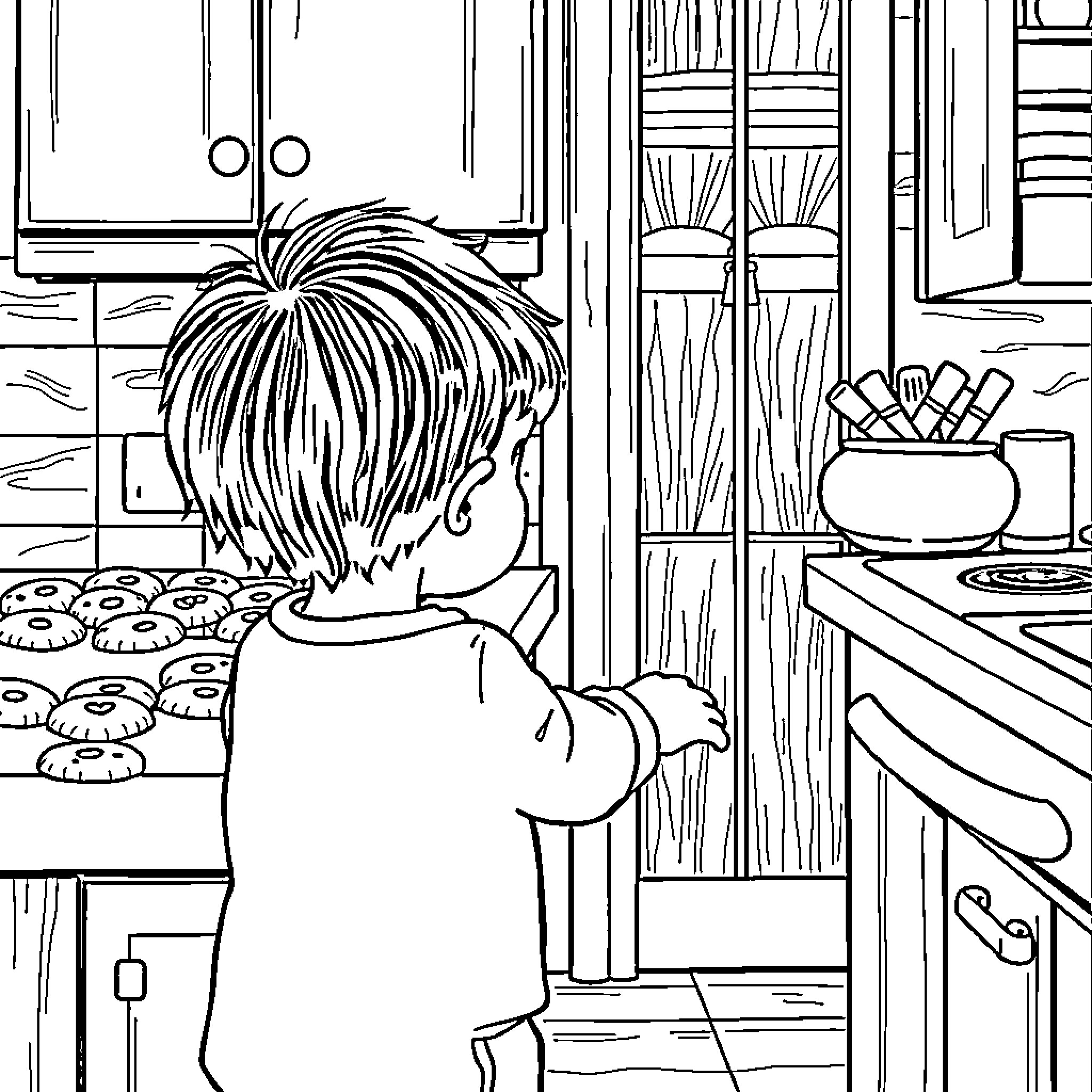 Child exploring a cozy home interior Coloring Page (free black-and-white line drawing printable PDF for all, from beginners to advanced learners, including children, teens, adults, and seniors)