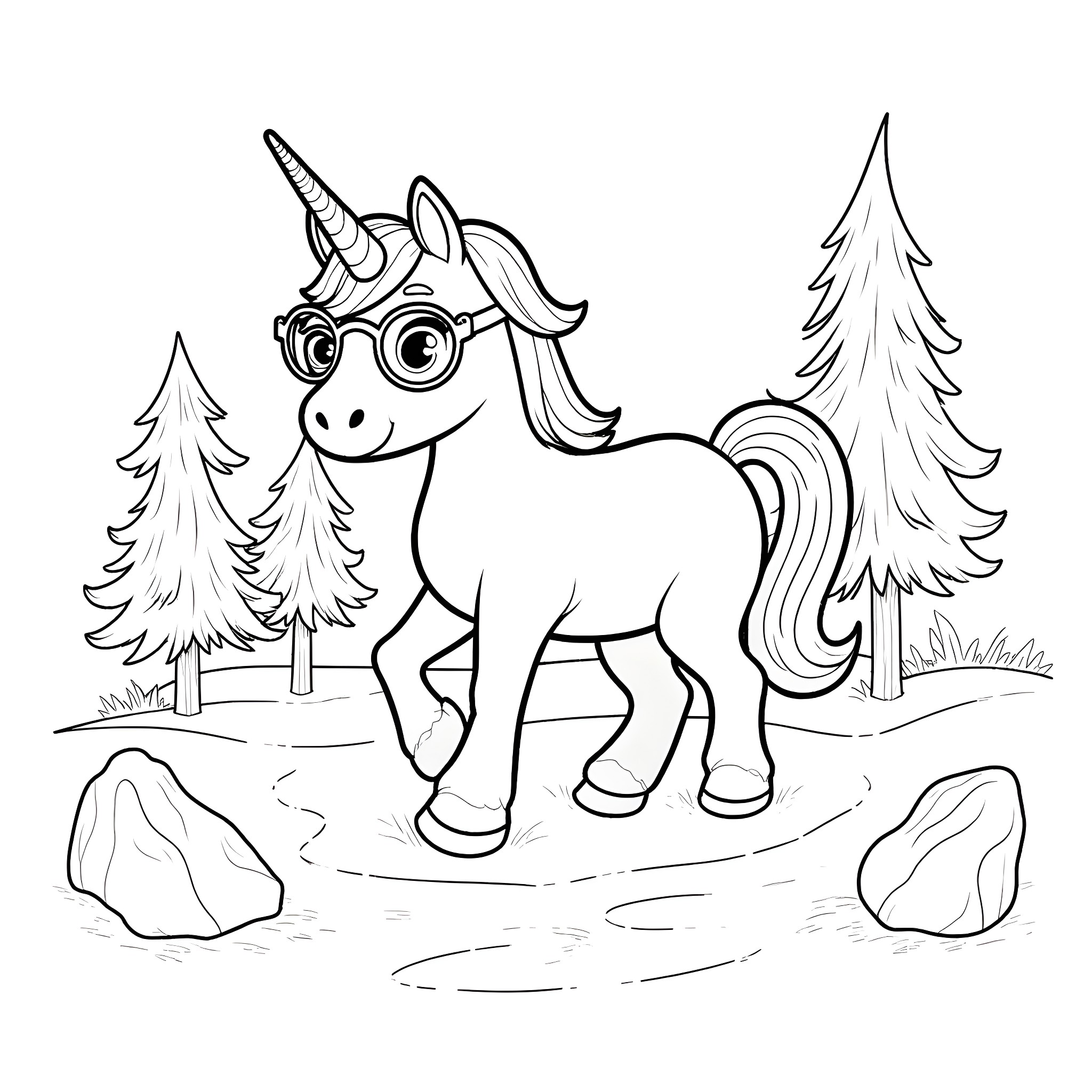 Unicorn exploring the forest with curiosity Coloring Page (free black-and-white line drawing printable PDF for all, from beginners to advanced learners, including children, teens, adults, and seniors)