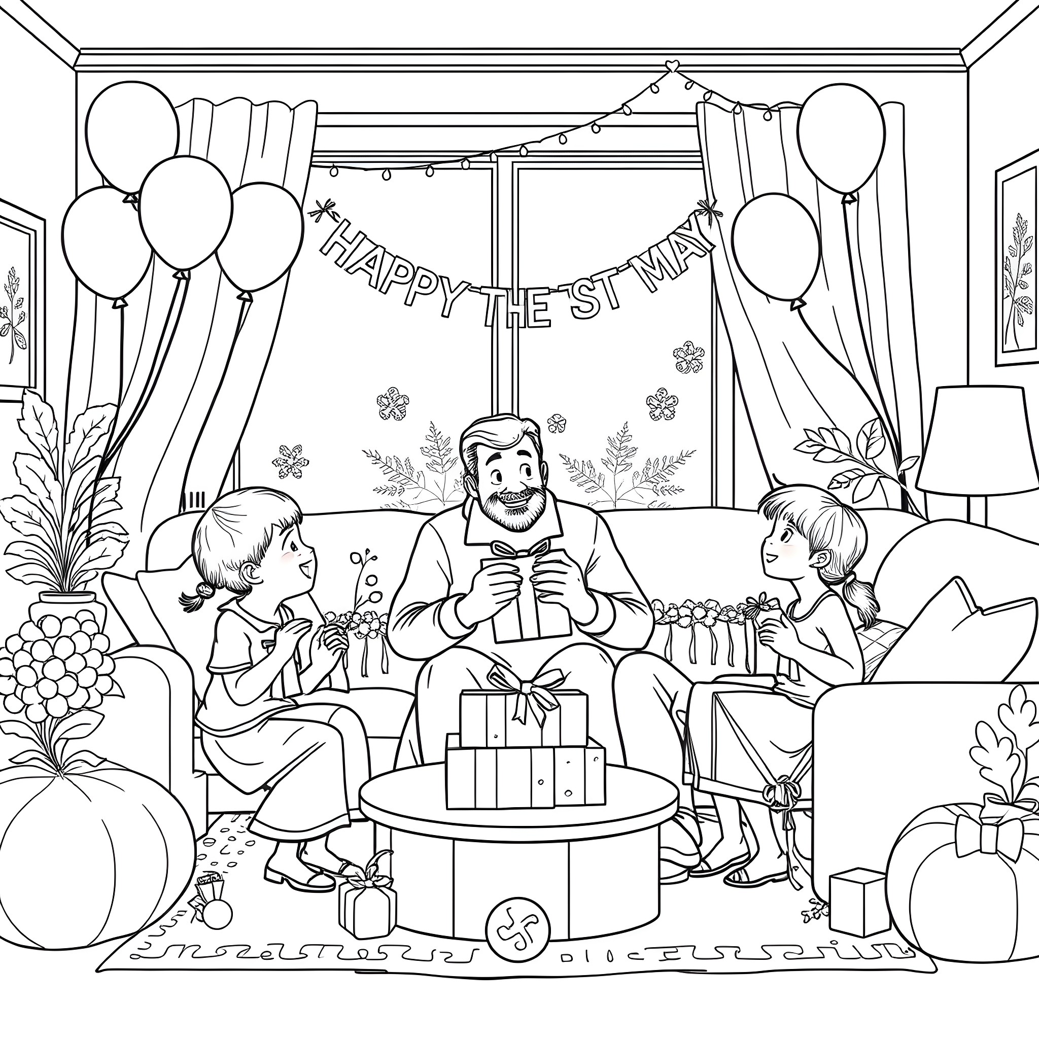 Father celebrating first birthday with children Coloring Page (free black-and-white line drawing printable PDF for all, from beginners to advanced learners, including children, teens, adults, and seniors)