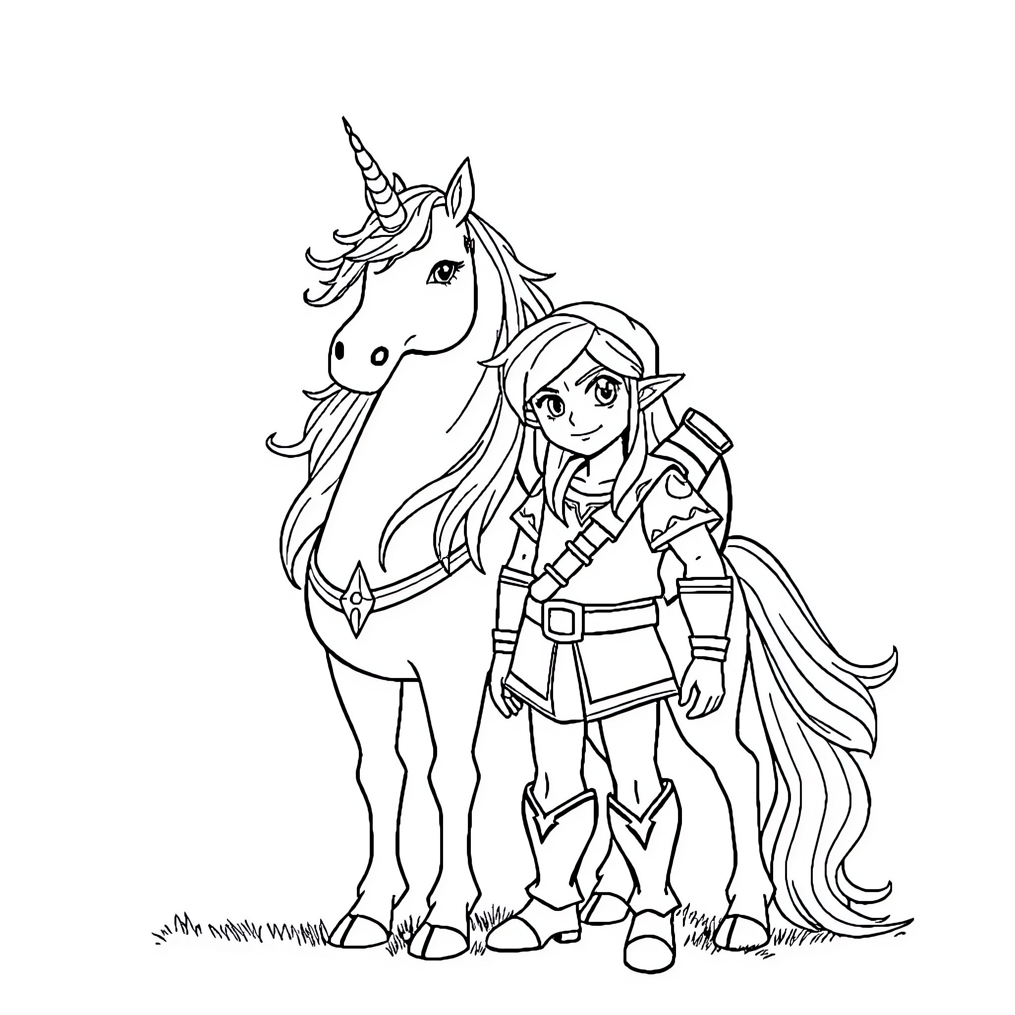 Link and Unicorn Adventure Coloring Page (free black-and-white line drawing printable PDF for all, from beginners to advanced learners, including children, teens, adults, and seniors)